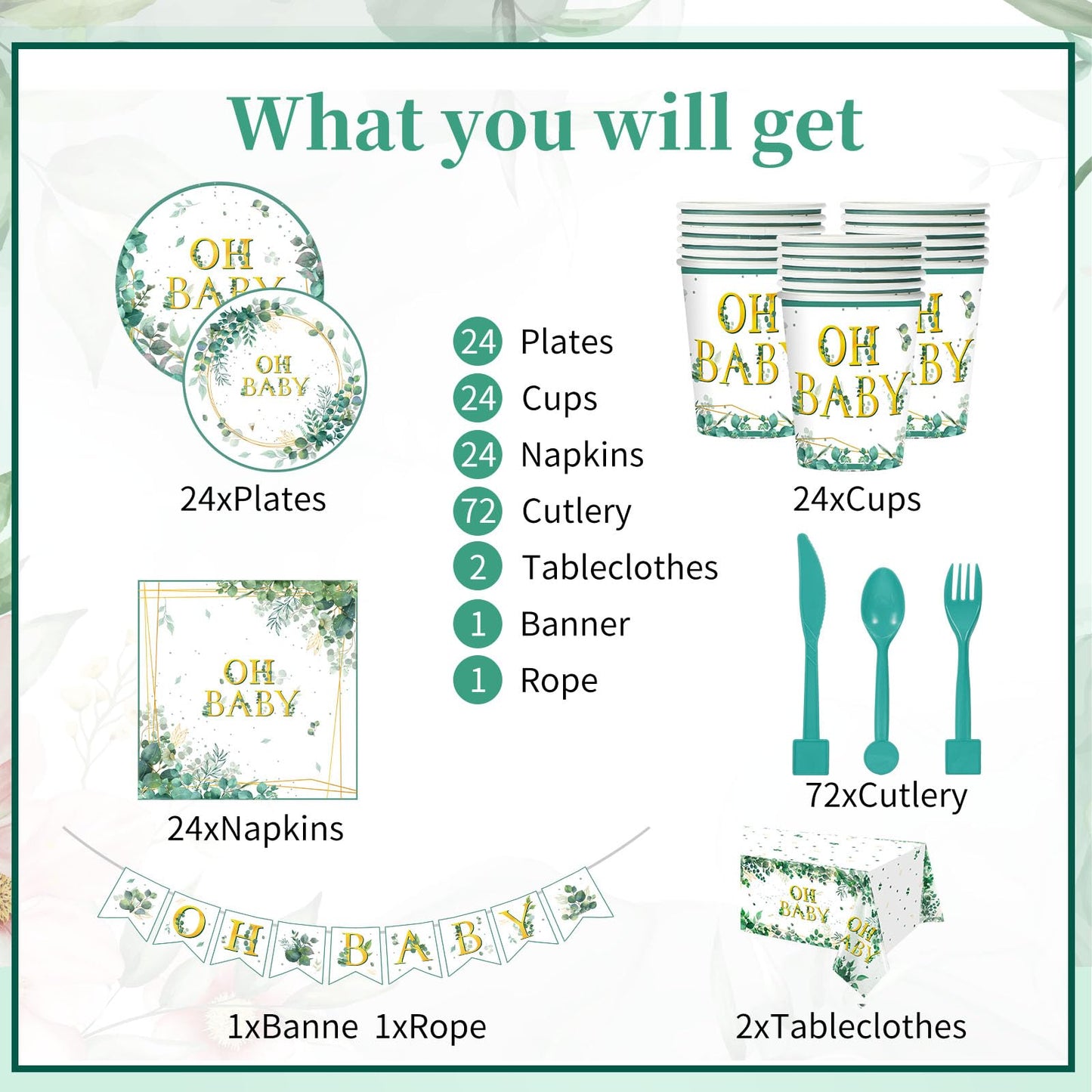 Juego de vajilla de 180 piezas de Sage Greenery Oh para fiesta de bebé, mantel de hoja de eucalipto, 24 platos de cena, plato de postre y servilletas para niño y niña, salvia, suministros de decoración de fiesta