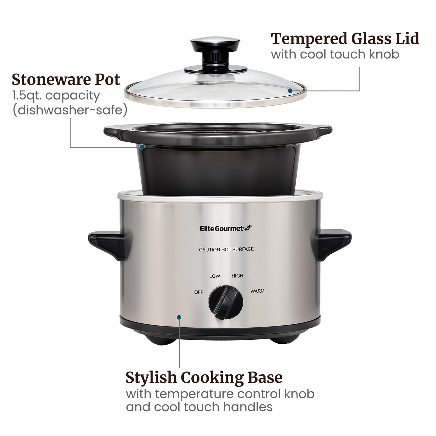 Elite Gourmet - Olla de cocción lenta eléctrica MST-250XS, temperatura ajustable, platos principales, salsas, guisos y salsas, tapa de vidrio para lavavajillas y olla de cerámica, capacidad de 1.5 cuartos de galón, acero inoxidable