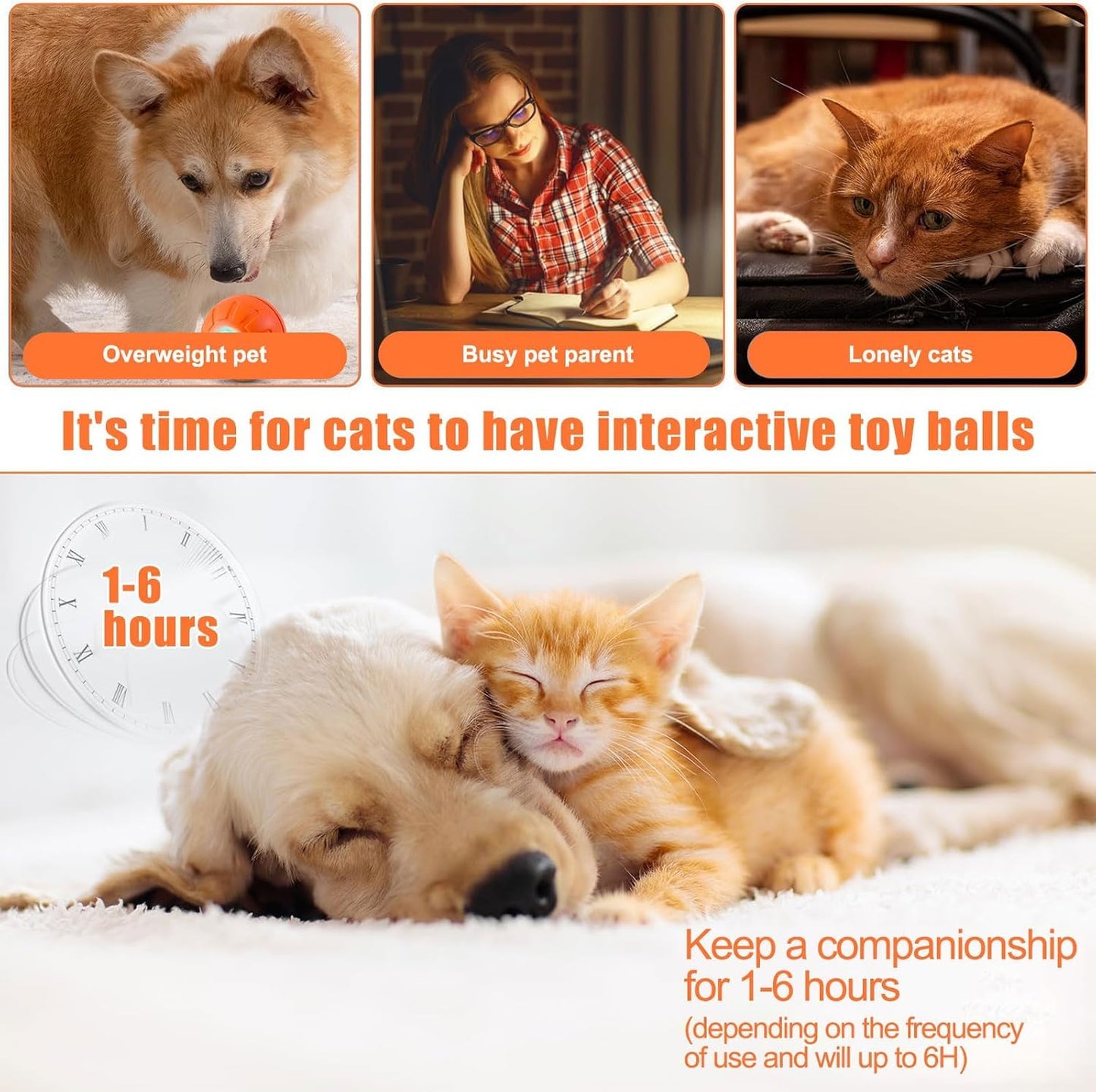 LJ-CL Pelota de Juguete para Perros Inteligente,USB Rechargeable Durable Motion Dog Toys Automatic Rolling Ball Toys for Puppy/Small/Medium/Large Dogs (Naranja)