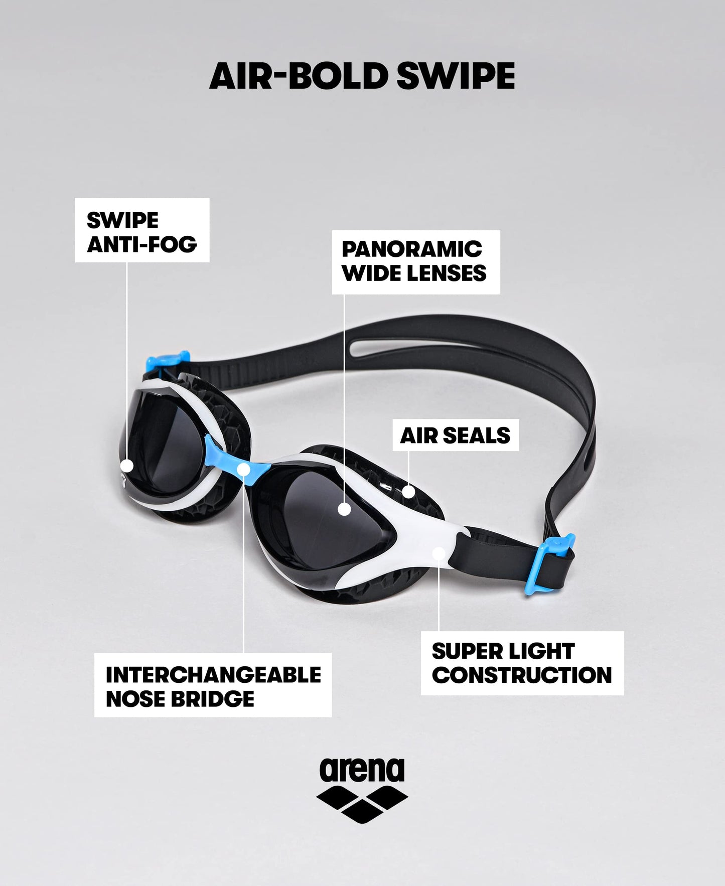 ARENA - anteojos de natación unisex para adultos con ondas de aire, antivaho, para hombres y mujeres, con sellos acolchados, comodidad superior, lentes sin espejo, humo/negro
