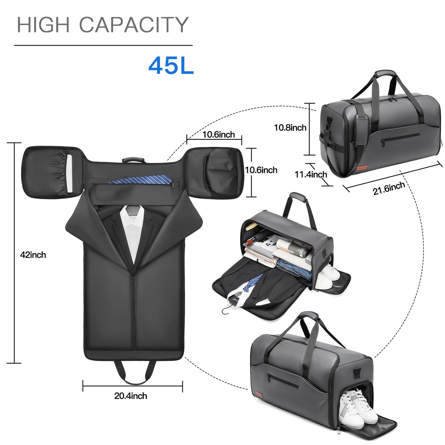 Bolsas de ropa para viajes, bolsas de traje para hombres, viajes, bolsa de ropa con compartimento para zapatos, bolsa de ropa convertible 2 en 1 impermeable con correa para el hombro,Moda y negocios