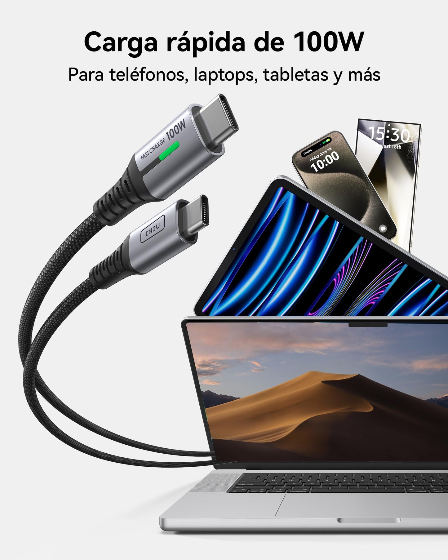 Cable USB C INIU Gris Rapida Carga 100W para iPhone MacBook Samsung iPad Google Xiaomi Huawei