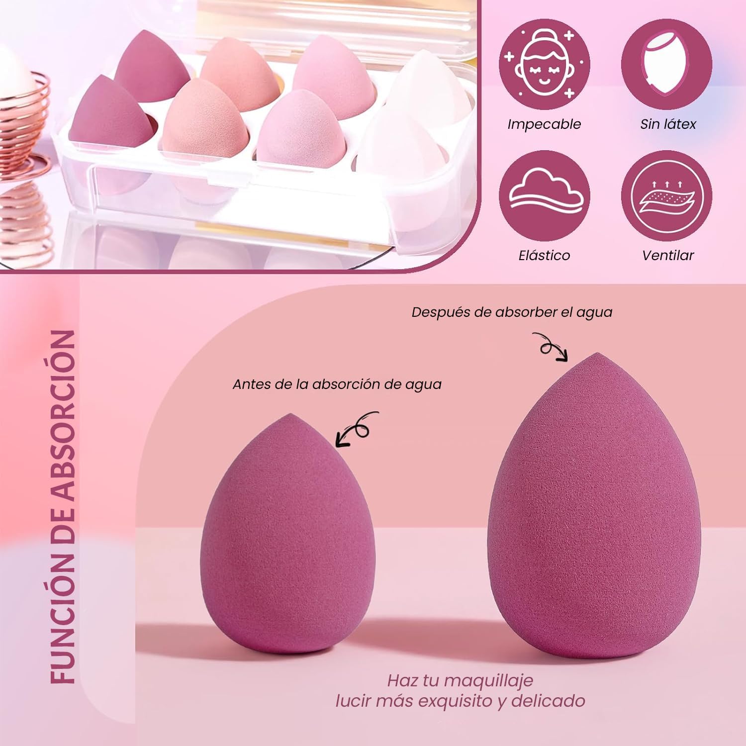 Esponja maquillaje beauty blender, set de 8 piezas, varias formas, uso húmedo y seco, ideal para maquillaje facial. Completa tu rutina con estas esponjas faciales de alta calidad en color rosa.