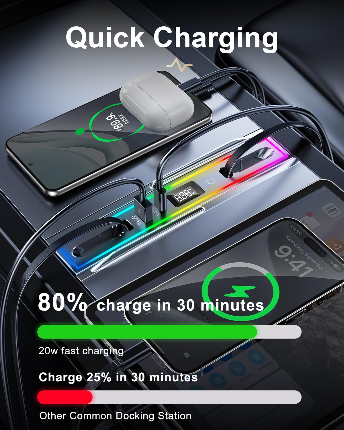 DICMKY Tesla Hub USB para modelo 3 Highland 2024-2025 y modelo Y Juniper 2026 con luz RGB, estación de acoplamiento de 4 puertos Tesla Regalos para hombres, Tesla Cargador de teléfono Tesla Hub de