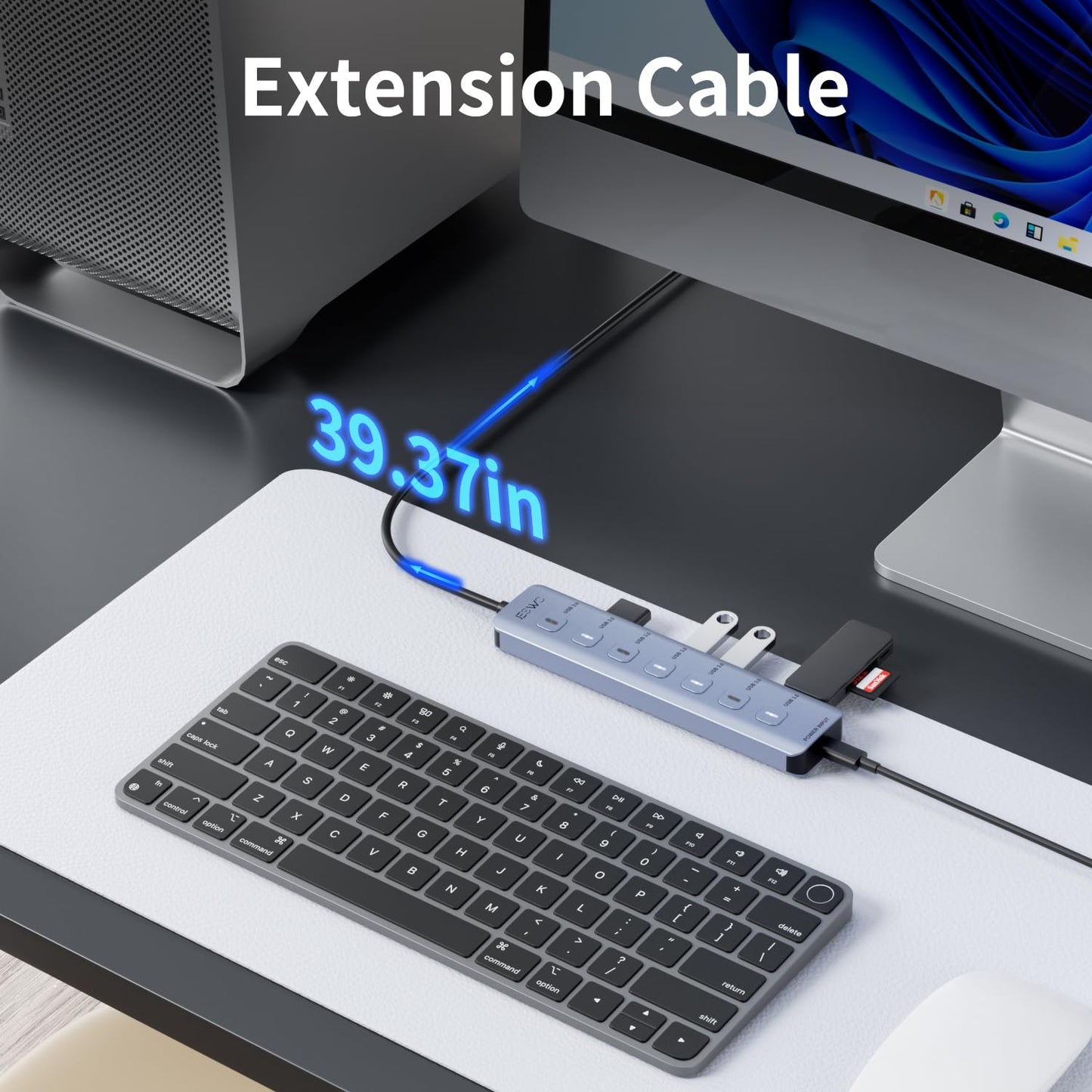 JESWO Hub USB 3.0, 7 Puertos Adaptador USB de Aluminio con LED e Interruptores, Cable de Extensión de 1m, Multi USB para PC, Portátil, Macbook Pro etc.