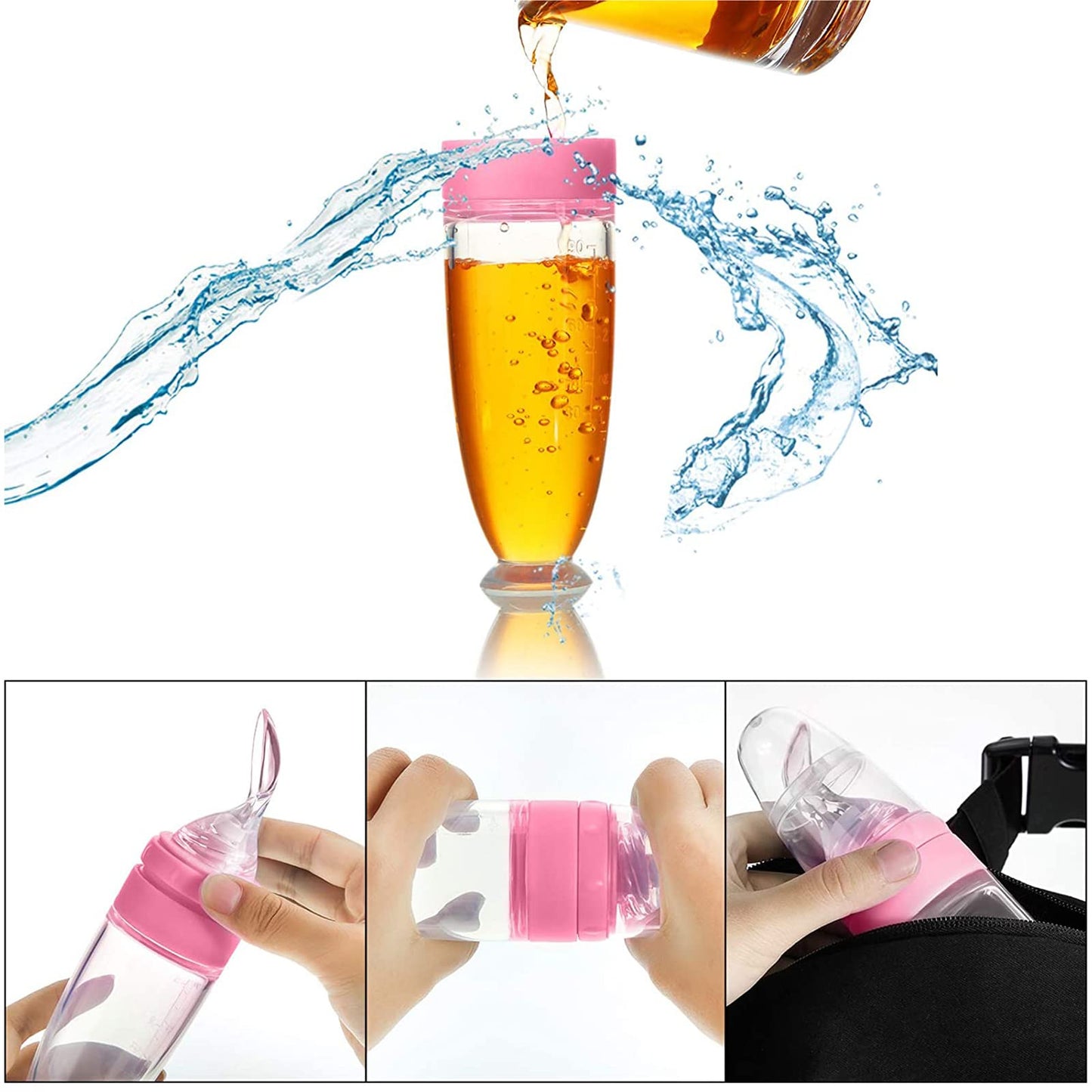 Biberón, diseño de ventosa de 90 ml Dispensador de alimentación de alimentos para bebés Cuchara de silicona para dispensar y alimentar alimentos para bebés (Rosado)
