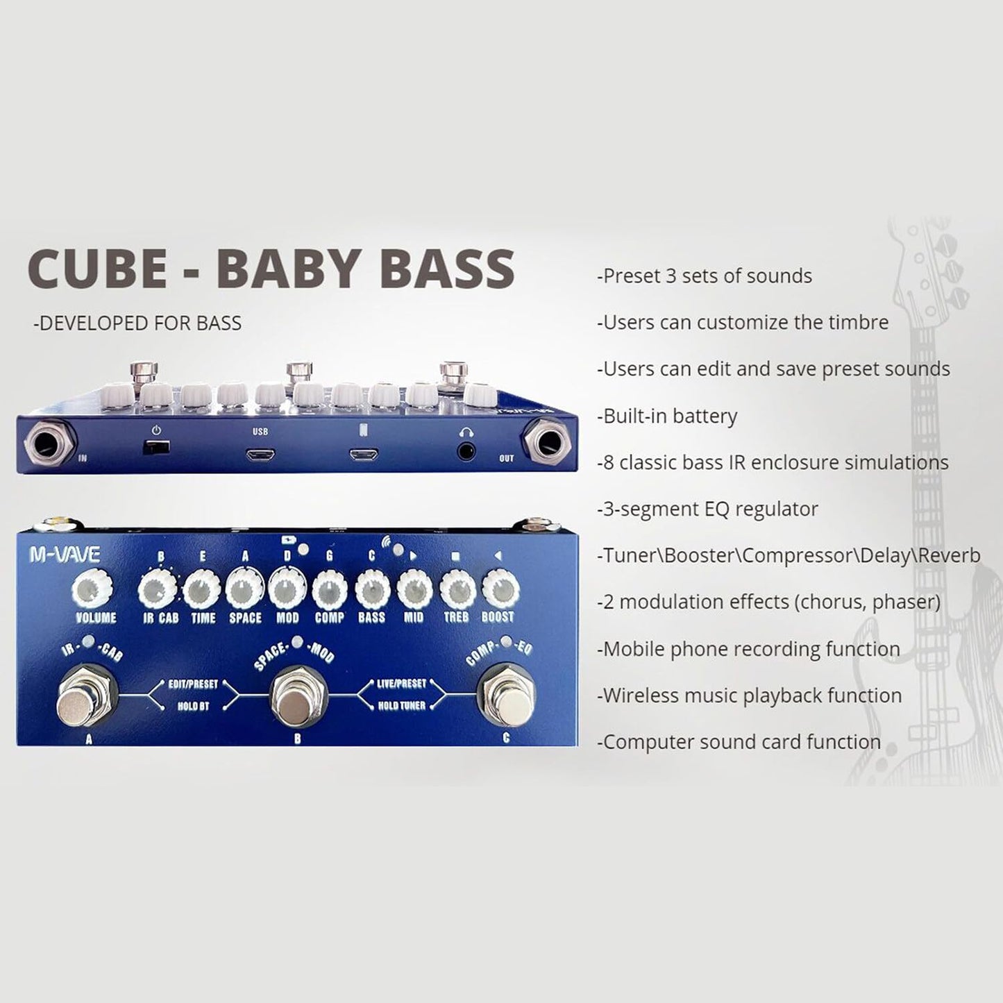 Cube Baby Pedal de Efecto Combinado de Graves Multifuncional portátil con reproducción de música Wirel grabación de teléfono o función de Interfaz