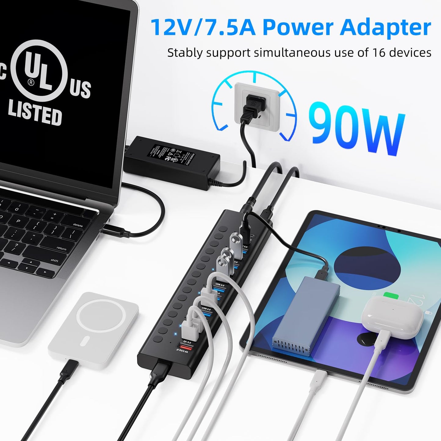 Hub USB 3.0 con alimentación, divisor de concentrador USB C de 16 puertos (10 USB 3.0+2 QC 3.0+2 carga inteligente +2 USB-C 3.0) con interruptores individuales, adaptador de corriente certificado UL