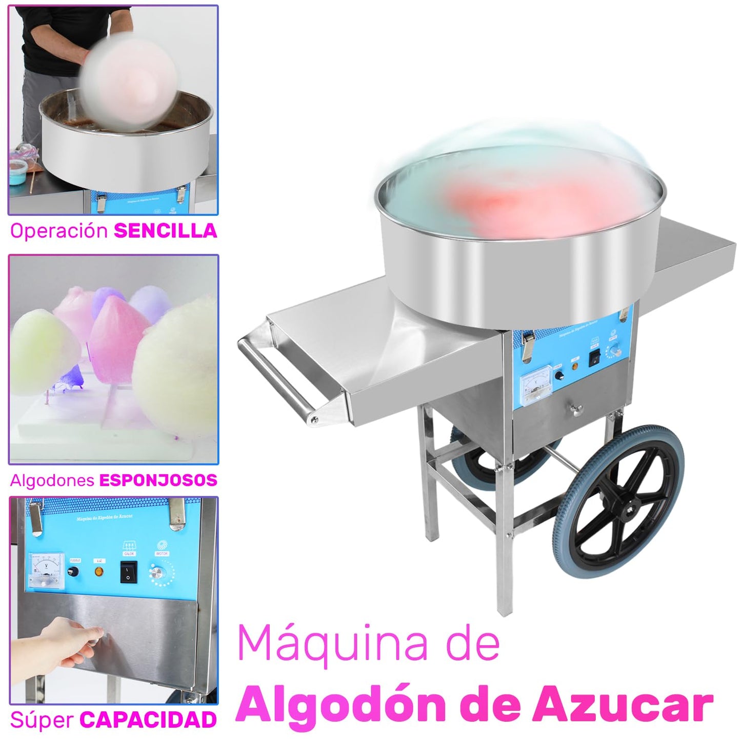 Máquina de Algodón de Azúcar GUTSTARK Rosa Comercial con Ruedas 110v 1000w