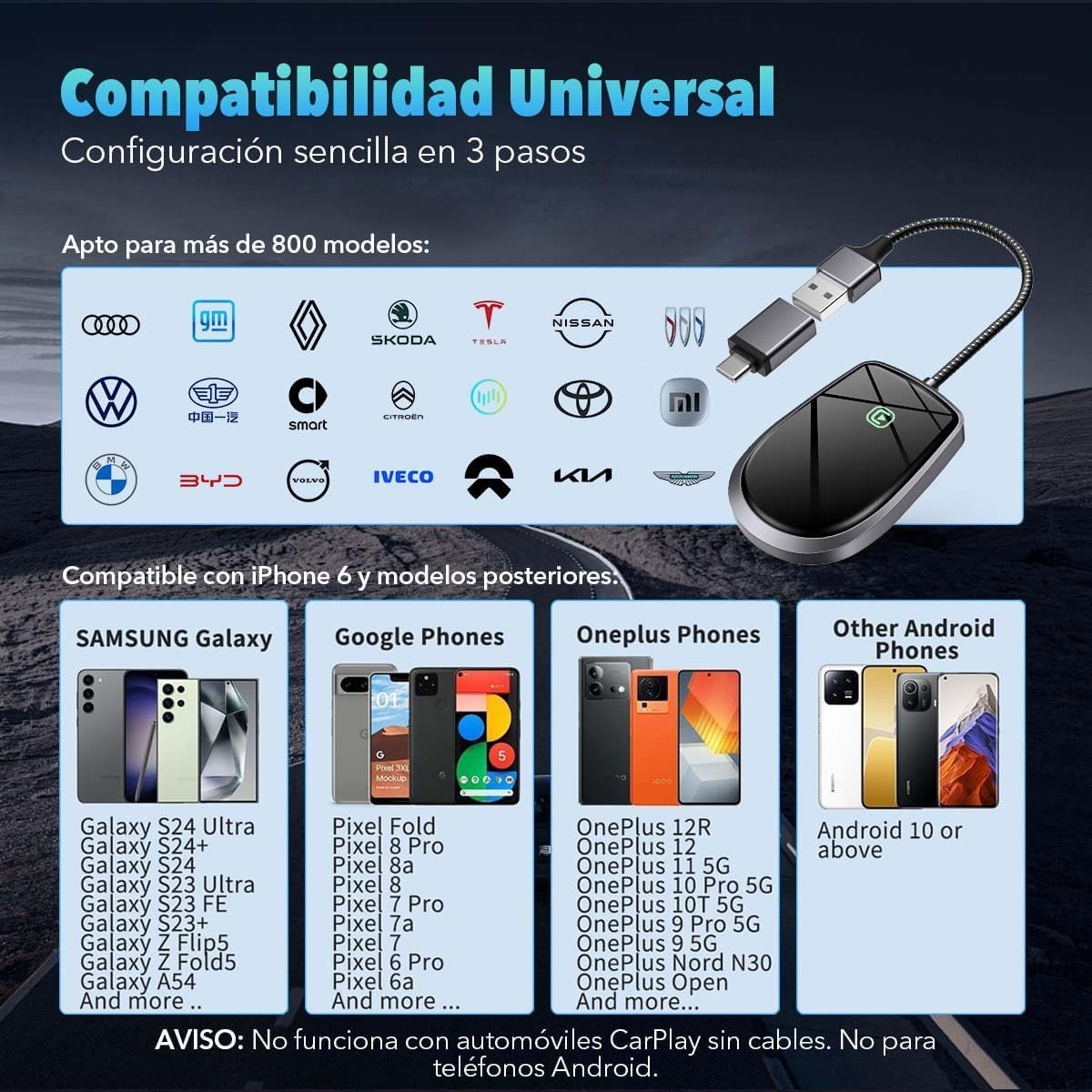 Fitpolo Carplay Inalambrico para Auto, Carplay Inalambrico Adaptador para iPhone, Actualización de por Cable a Inalámbrico, 5GHz WiFi, Conexión Automática Rápida, Soporta iOS 10+(Round)