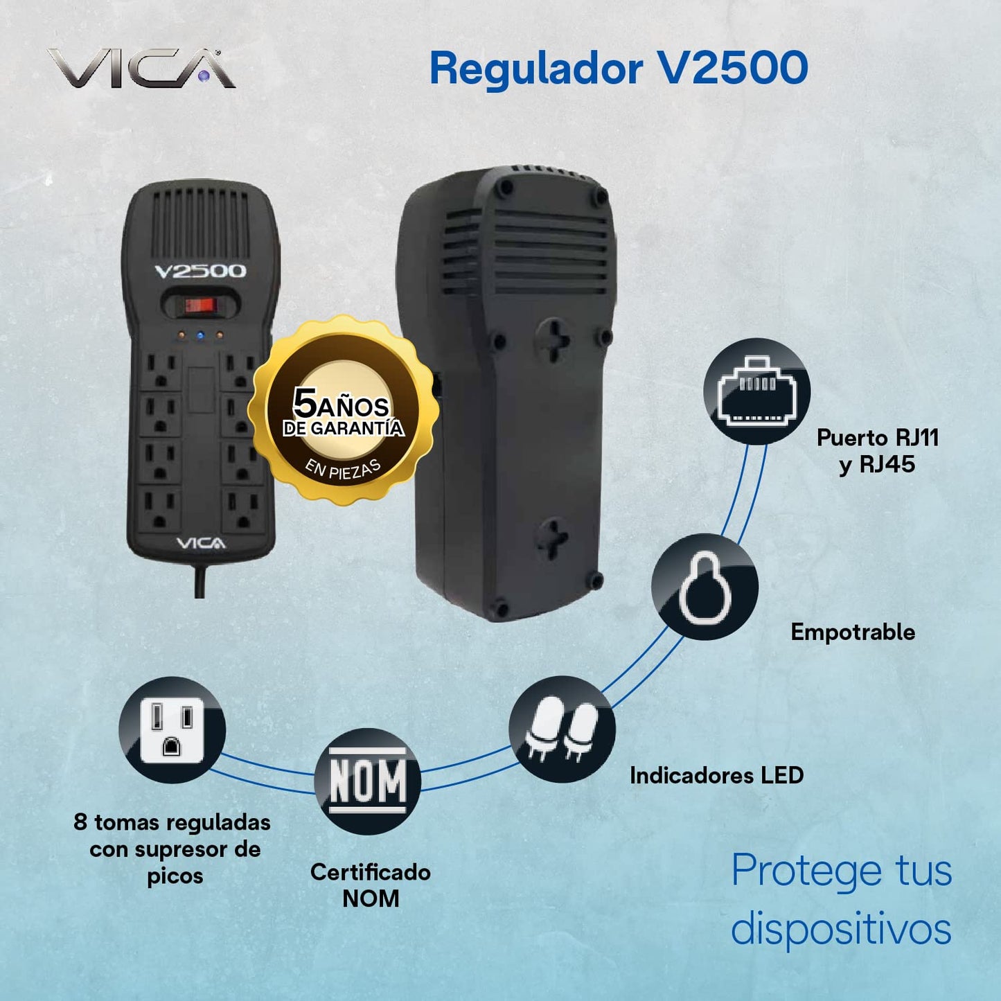 Regulador Electrónico de Voltaje VICA V2500 Negro con Supresor de Picos y Puertos RJ11 RJ45 2500 VA 1500 W