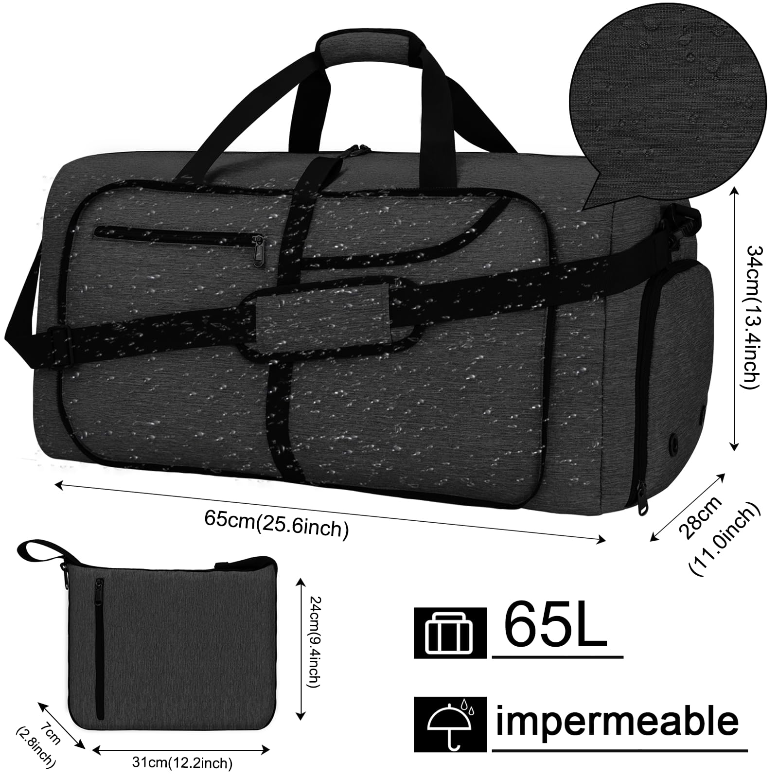 Bolsa de Viaje NEWHEY Negro Plegable Impermeable con Compartimento para Zapatos para Hombre y Mujer