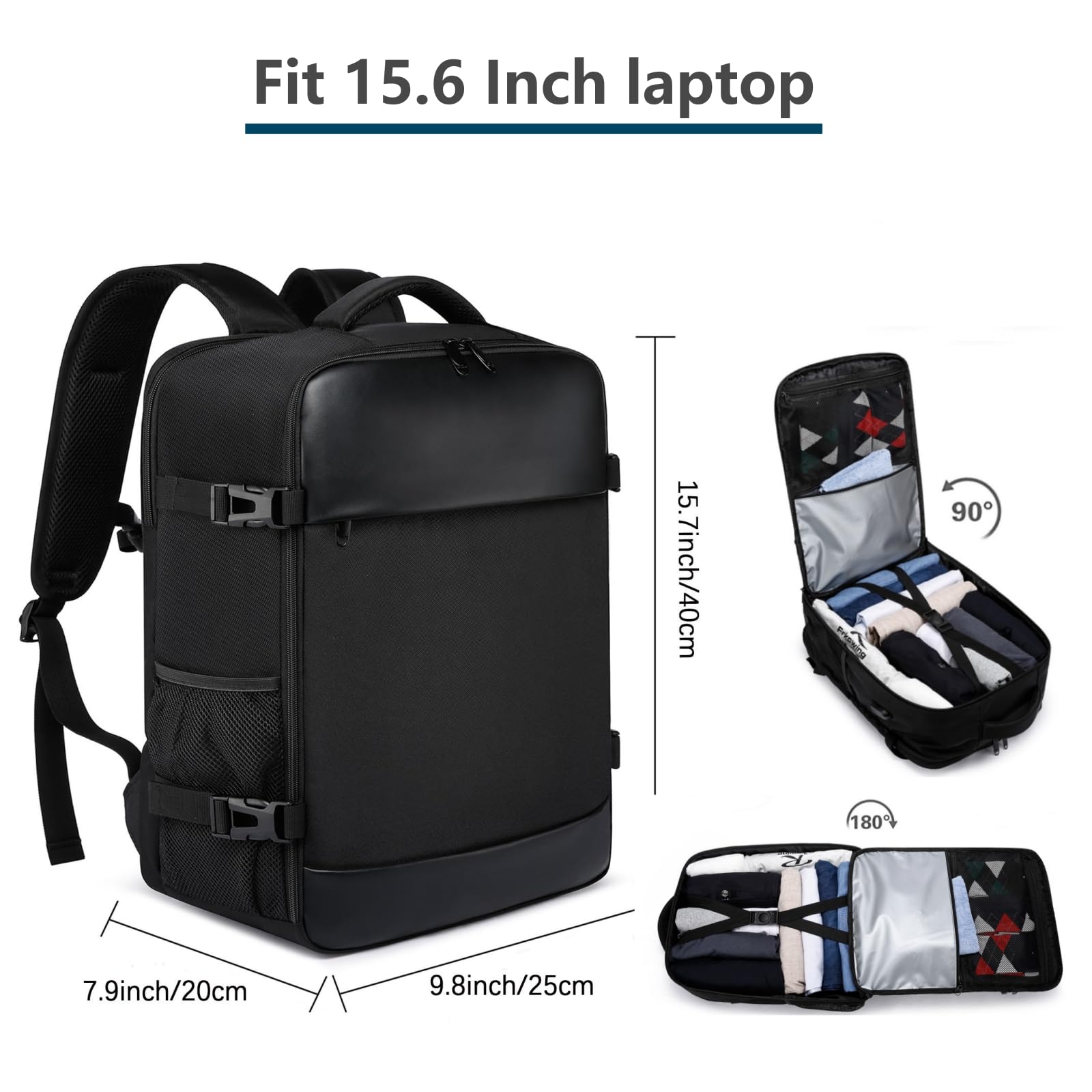 Mochila de Viaje Negro con Puerto de Carga USB Aprobada por Avión para Computadora Portátil de 15,6 Pulgadas, 20 L para Hombre y Mujer