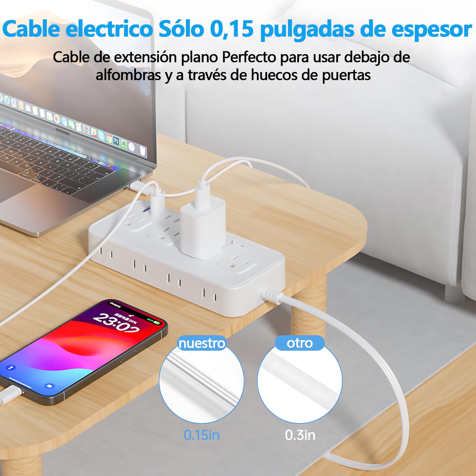 Multicontacto SSOUILI Blanco 12 en 1 con Protector de Sobretensión y Extensión Plana de 1.5M para Oficina en Casa
