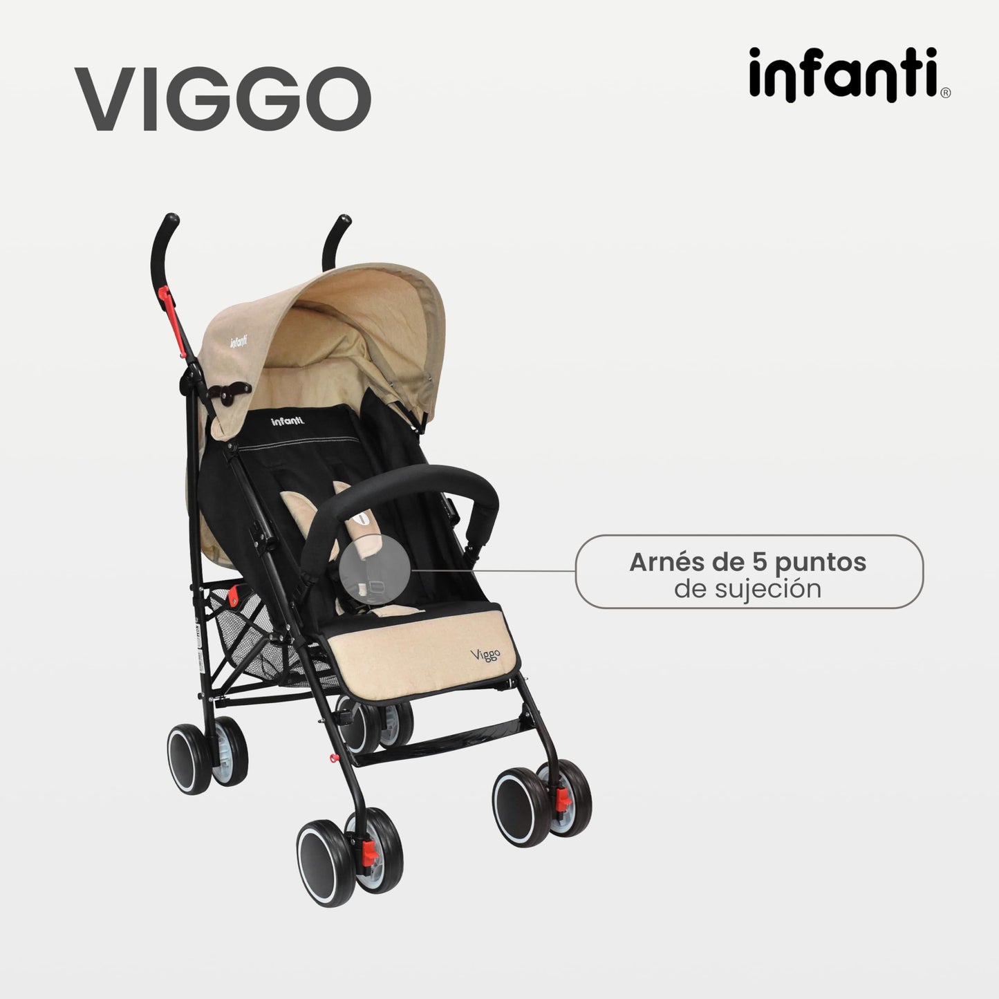 INFANTI | Carriola para Bebe VIGGO - Beige | Carriola de Viaje - Carrito para Bebe | Cosas para Bebes 6 Meses hasta 20 kg - Compacta y Plegable | Carriola con Toldo extensible y Arnés de Seguridad