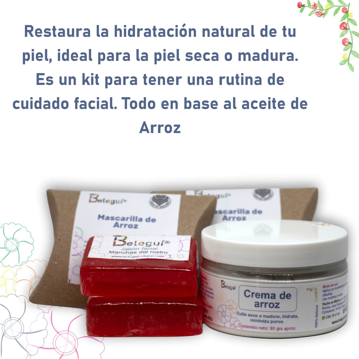 Beleguí, Kit Arroz 5 Piezas. Crema, Jabones y Mascarilla de arroz. Hidratar, líneas de expresión. Piel seca o madura