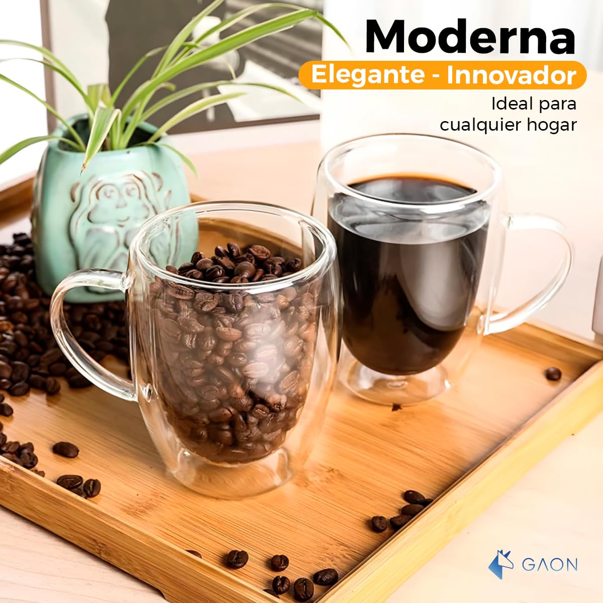 Juego de Tazas de Vidrio Termico Borosilicato para Cafe Espresso o Te con Asa Set de 2 Piezas Doble Fondo 12 Onzas