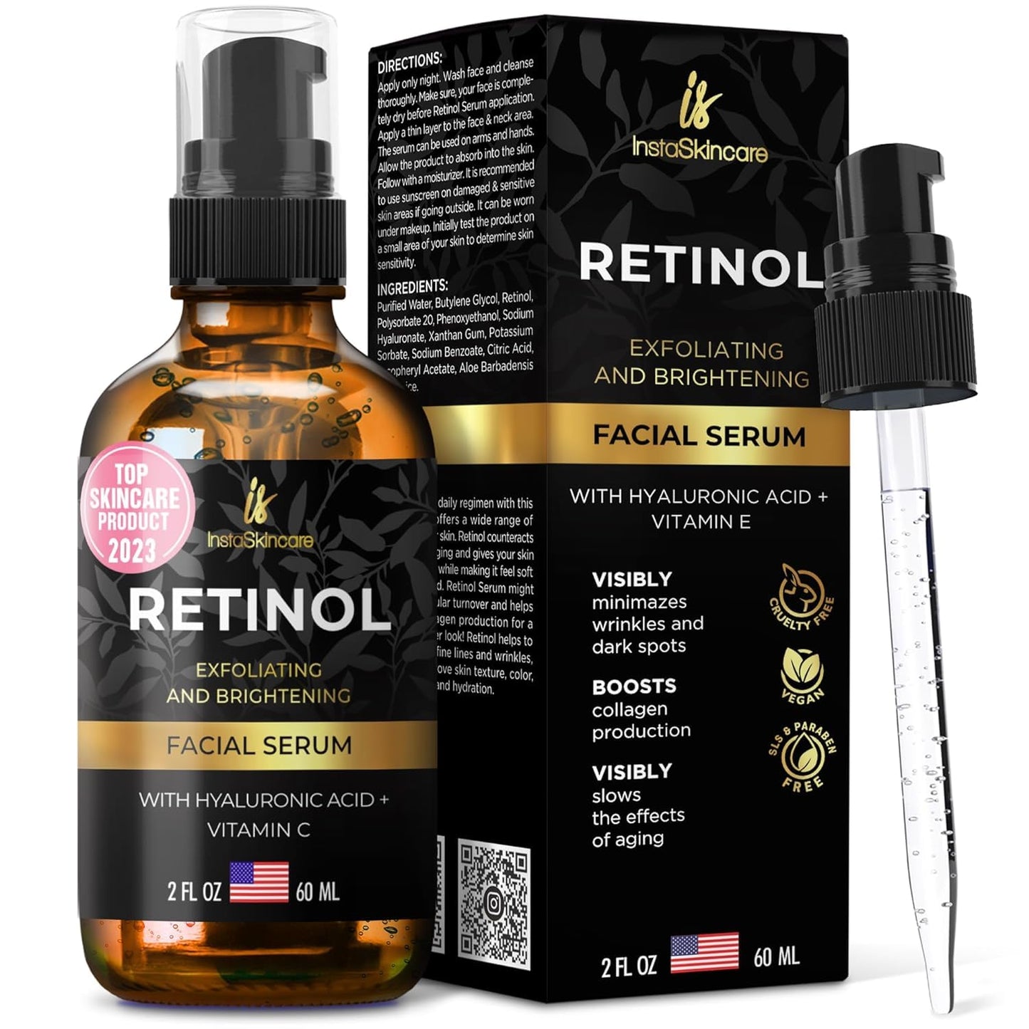 Retinol serum for skin (2oz) with Hyaluronic Acid + Vitamin A and E + Aloe Vera Anti aging moisturizer - Fade Dark Spots - Clinical Strength Formula