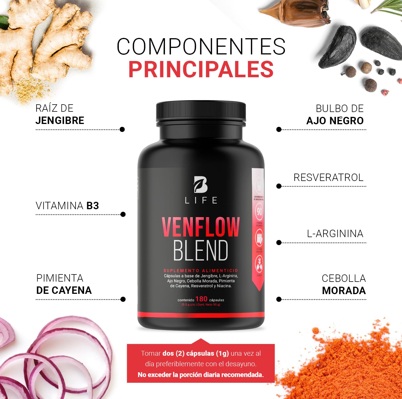 B Life Company Venflow Blend de 180 cápsulas. Ingredientes naturales: Jengibre, Ajo negro, Arginina, Resveratrol, Vitamina B3, Cebolla Morada y Pimienta de Cayena. Venflow Blend.