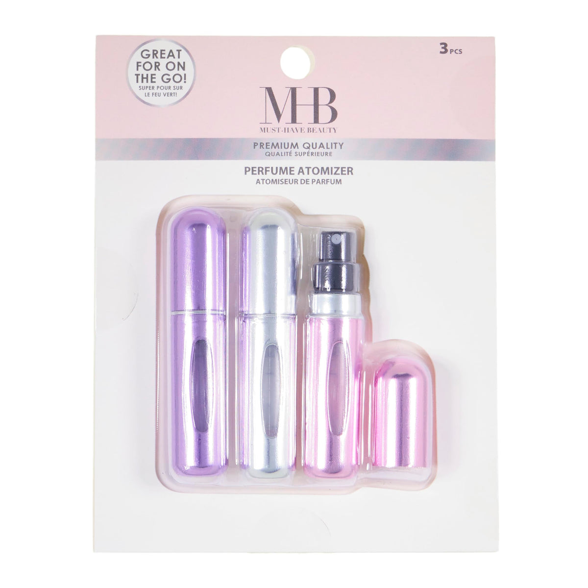 Expressions ANPC17311 - Juego de atomizadores de perfume recargables de tamaño de viaje de 5 ml, botellas de aluminio pulverizadoras de perfume de color morado, blanco y rosa