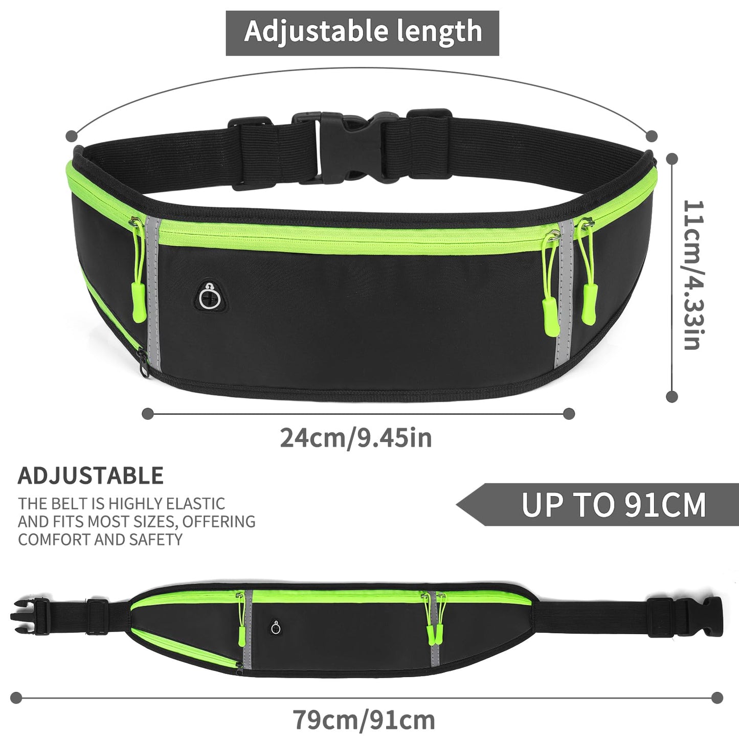 Cangurera Deportiva con Correa Ajustable Impermeable Riñonera Deportiva para Exteriores con Tiras Reflectante para Correr Hombre y Mujer-Negro