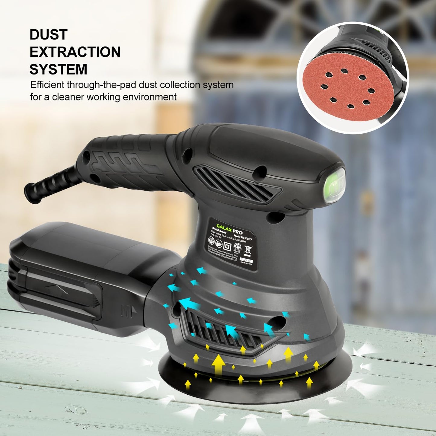 GALAX PRO - Lijadora orbital rotativa de 2.5 A, lijadora orbital eléctrica de 300 W con 6 velocidades diferentes de 6000 a 13000 RPM, 4.9 pulgadas con 20 papeles de lija, 1 bote de polvo, apto para