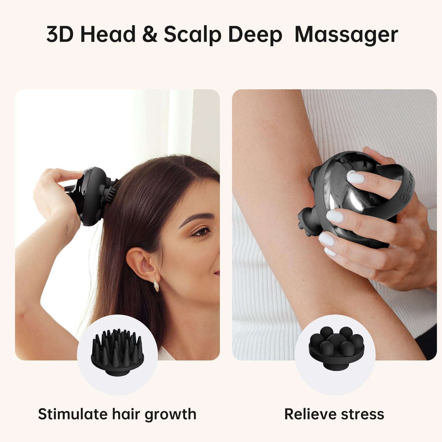 COMFIER Masajeador De Cabeza, Masajeador De Cuero Cabelludo Para El Crecimiento Del Cabello Con 3 Modos De Amasado, Masajeador Corporal Impermeable Para Aliviar El Estrés, Masajeador Para Gatos(Negro)