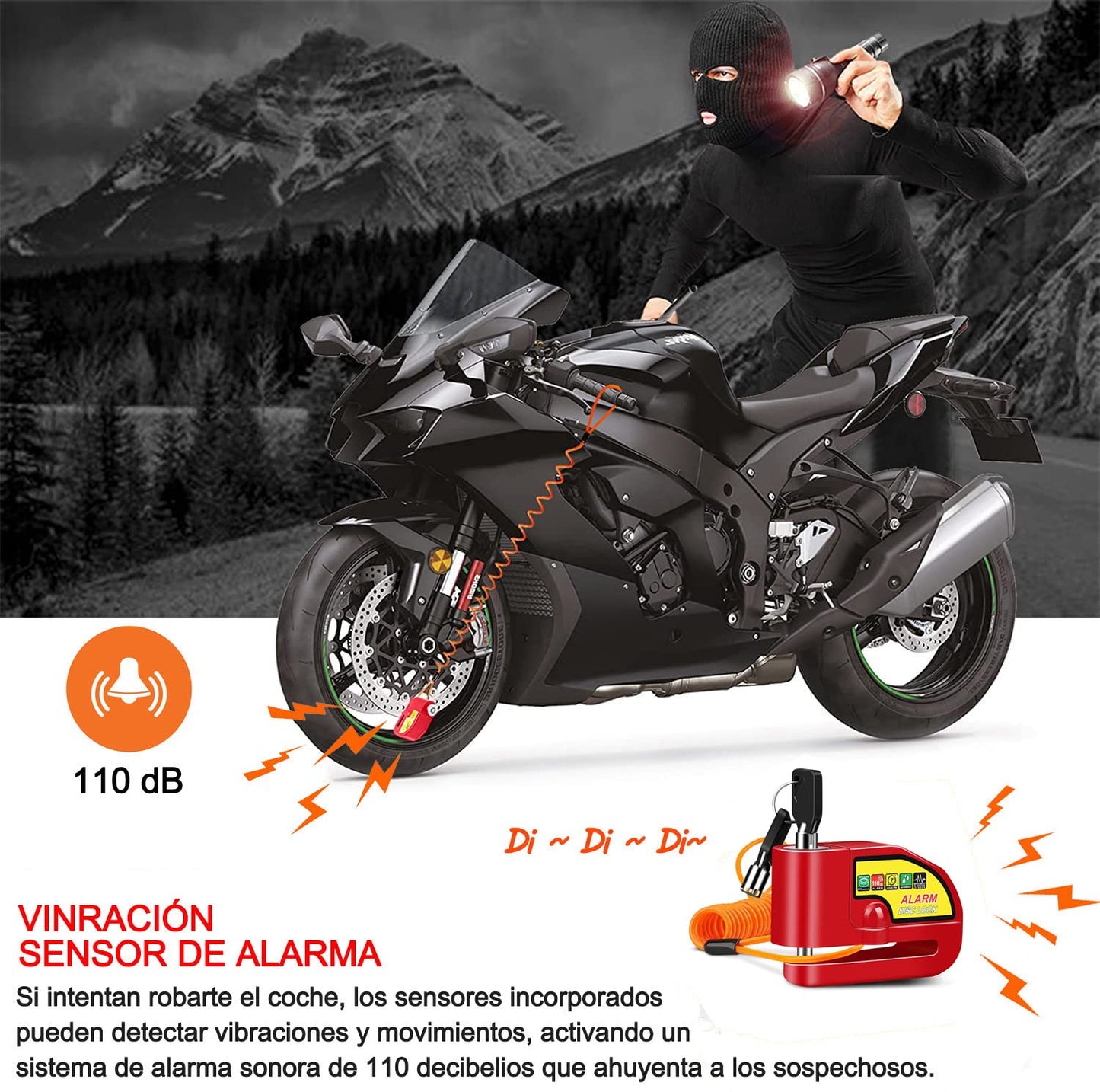 Alarma de Freno de Disco Impermeable de Seguridad para Motocicleta Scooter Rojo con Sonido de 110dB y Cable de Alerta de 4,3 Pies