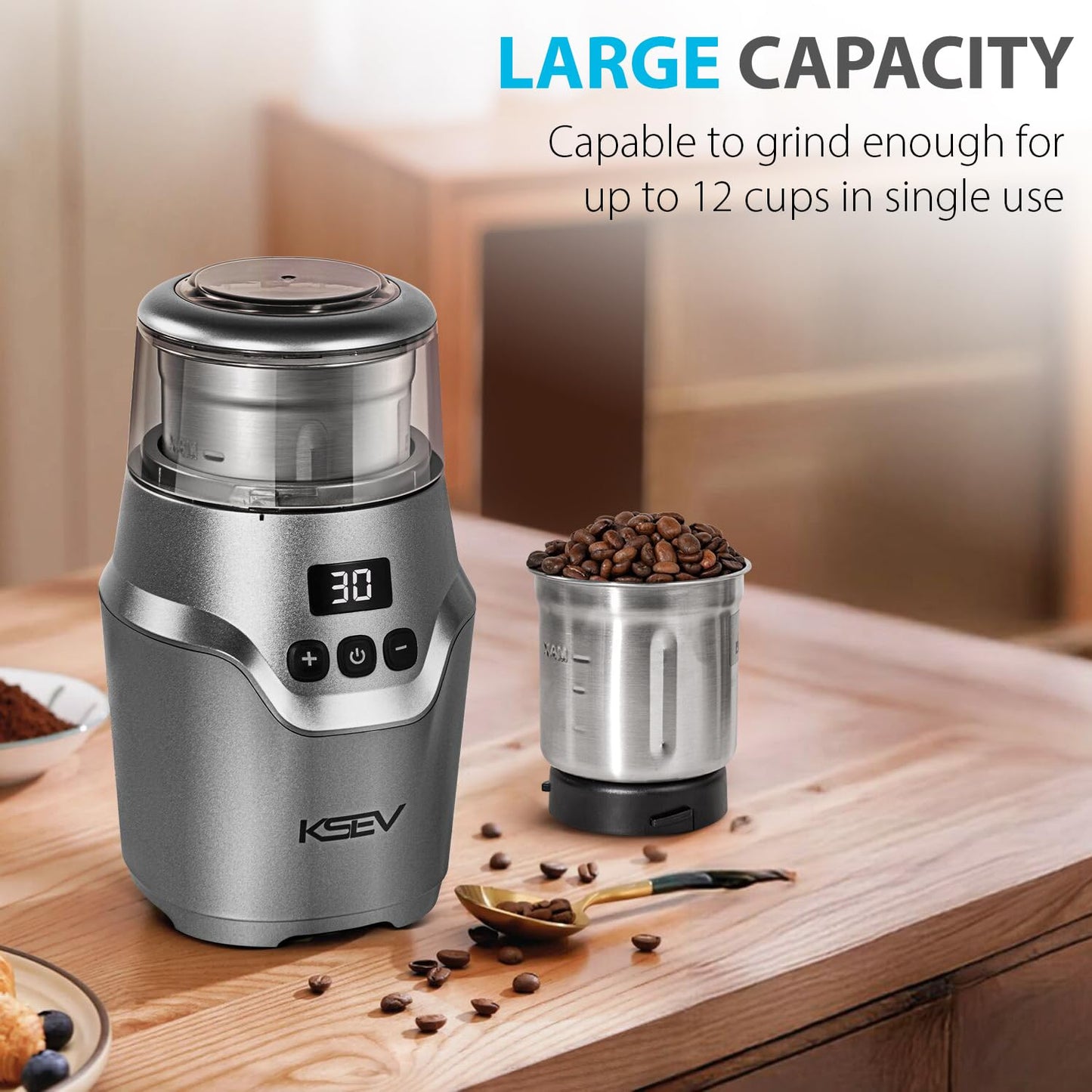 KSEV - Molinillo de café eléctrico con temporizador de visualización digital, molinillo de hierbas de 150 W, gran capacidad de hasta 12 tazas, silencioso, función de bloqueo de seguridad, taza