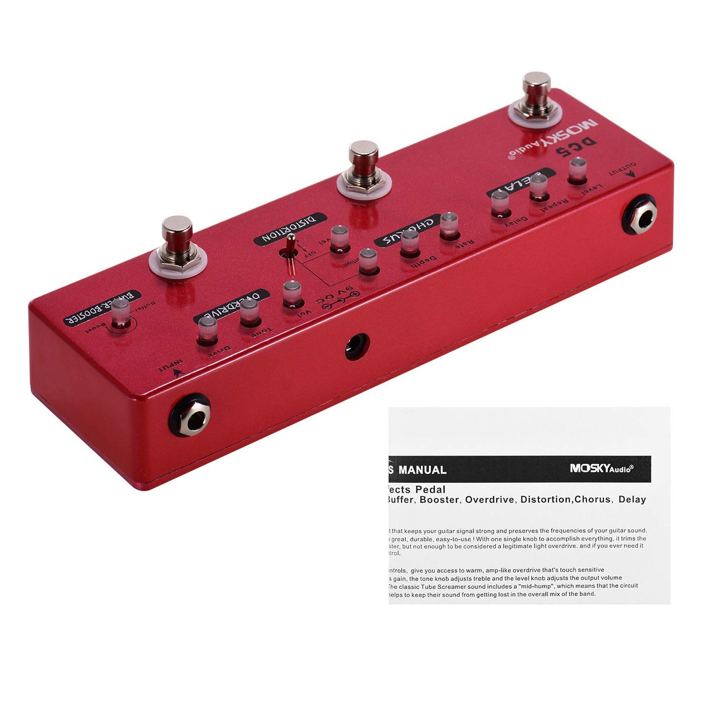 DC5 Pedal multiefectos de guitarra 6 en 1 Delay + Chorus + Distortion + Overdrive + Booster + Buffer Full Metal Shell con True Bypass