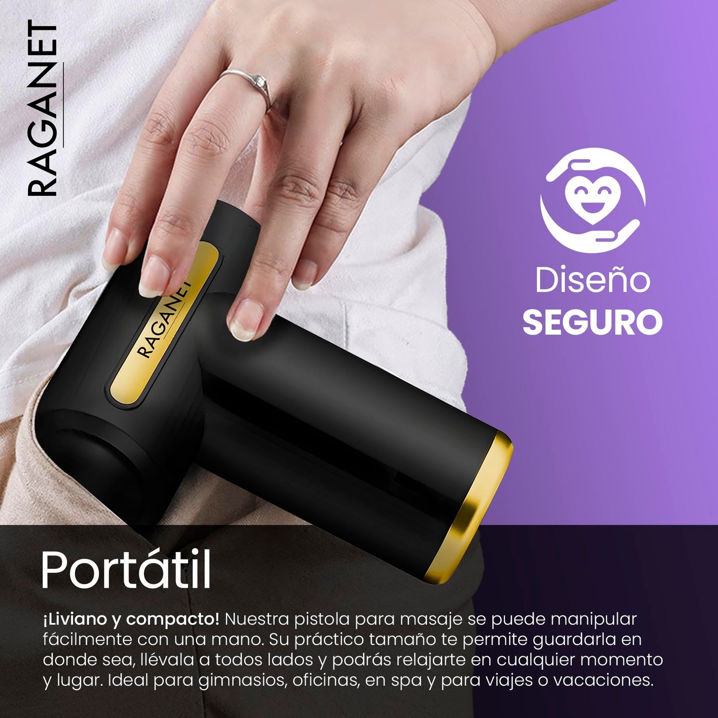 Raganet, Pistola Masajeadora con 4 Cabezas, Maquina Masajeadora de 6 Velocidades, Masaje Profesional Para Musculos, Ligamentos y Tejidos, Pistola Portatil, Carga USB (Color Negro)