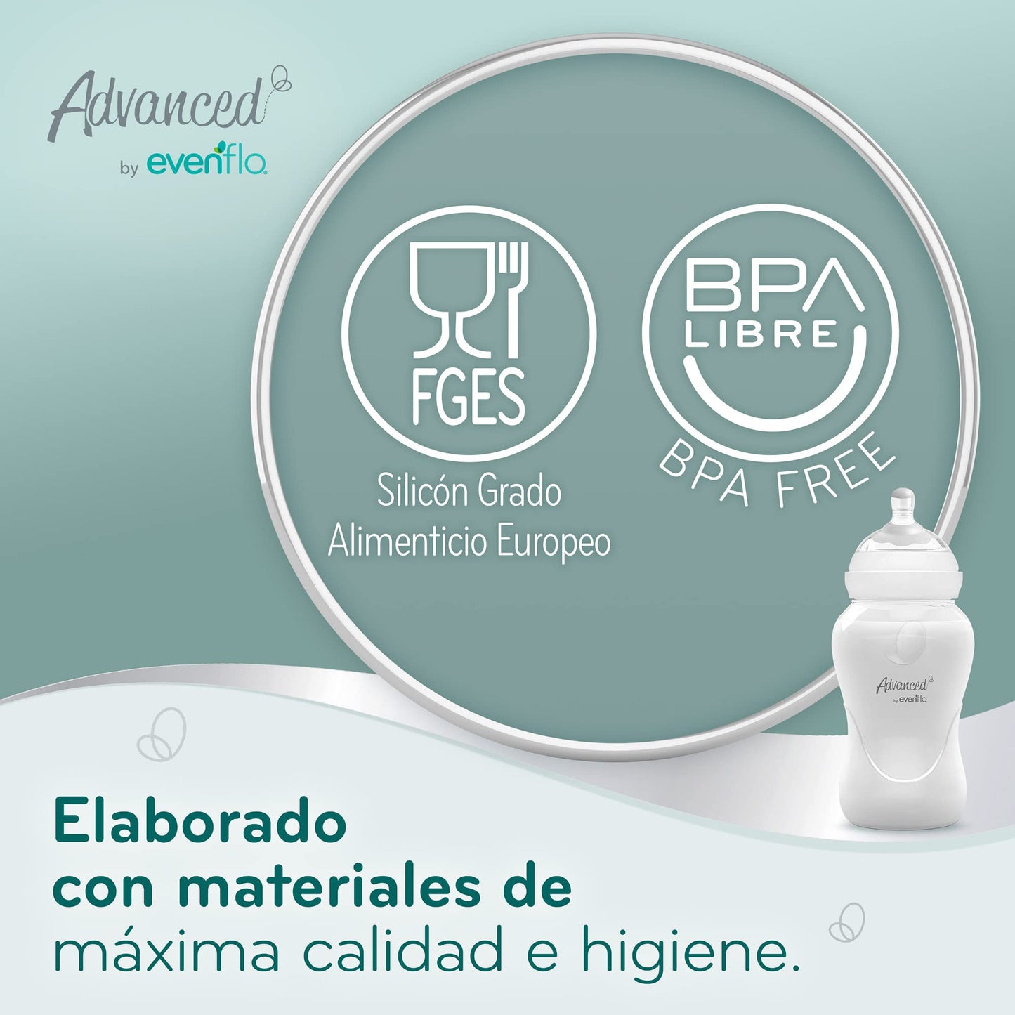 Advanced by Evenflo, Biberón Anticólicos Cuello Ancho, Transparente, Flujo Lento, 5oz/150ml, 1 pieza, MEX.