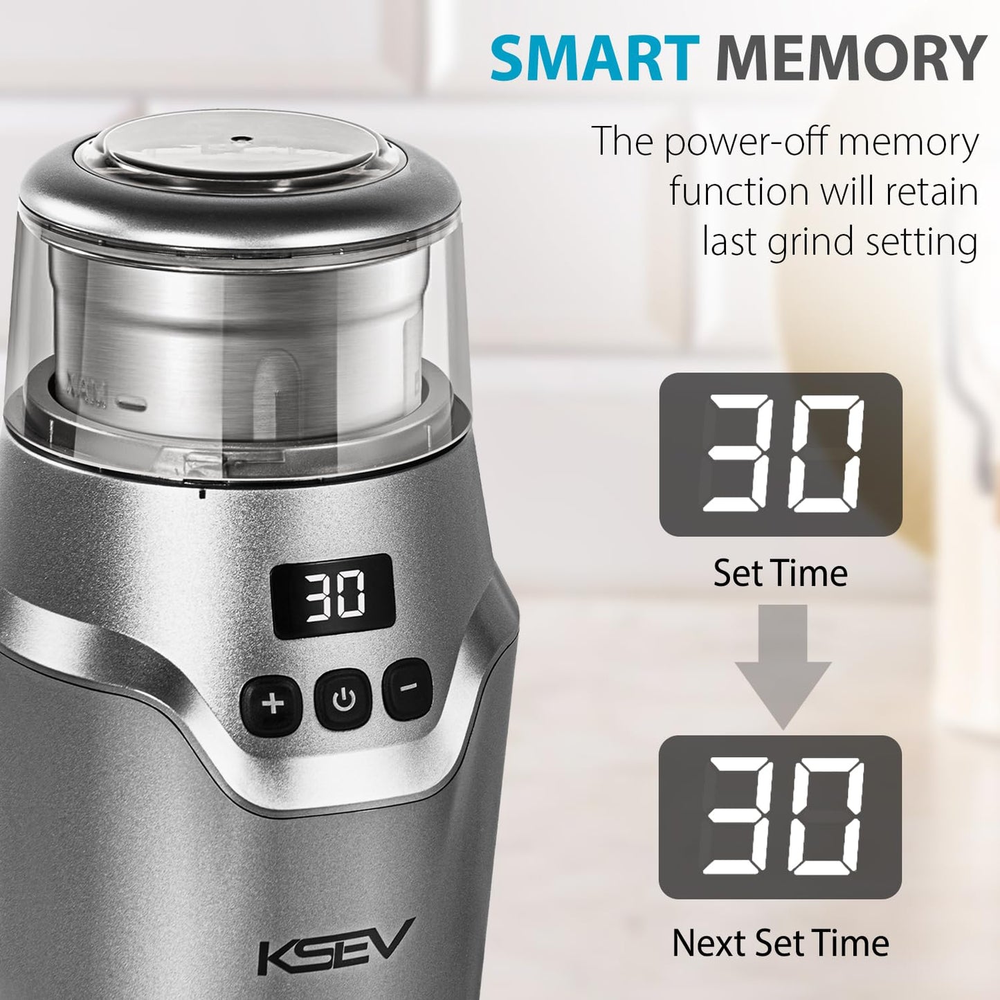 KSEV - Molinillo de café eléctrico con temporizador de visualización digital, molinillo de hierbas de 150 W, gran capacidad de hasta 12 tazas, silencioso, función de bloqueo de seguridad, taza