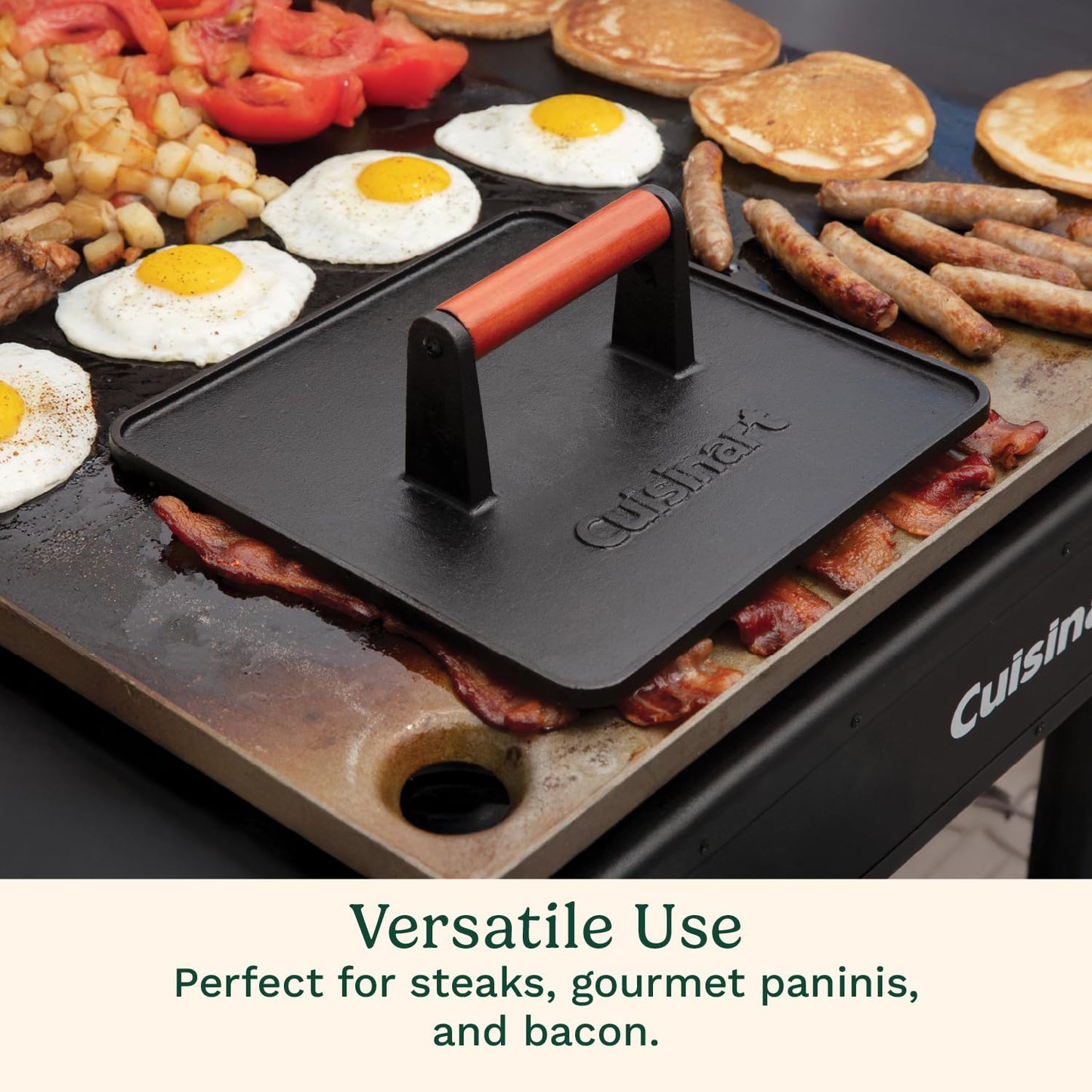 Cuisinart - Prensa para Parrilla de Hierro Fundido, 10 x 10 Pulgadas, Resistente Antiadherente para Hamburguesas con Mango de Madera, Accesorio Perfecto para Parrilla, paninis y barbacoas