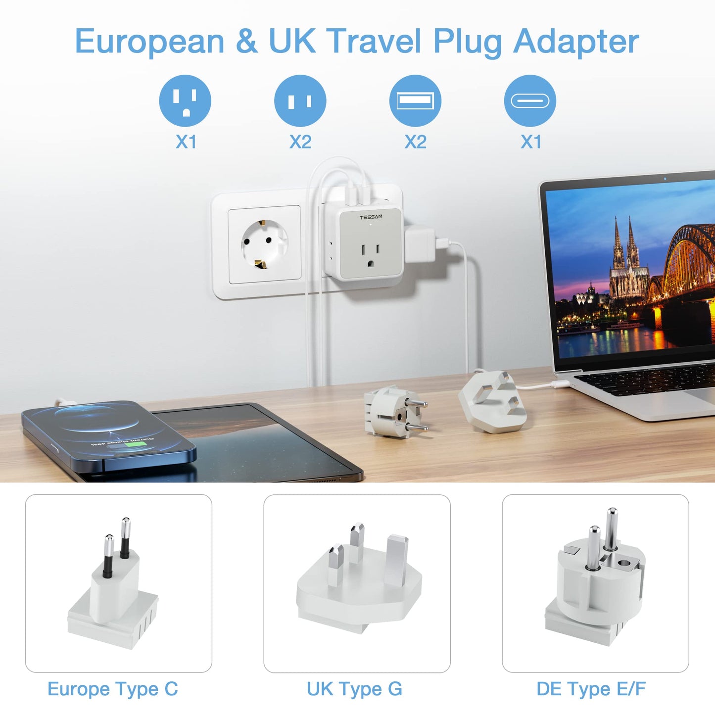 Adaptador de Viaje TESSAN Europeo Blanco con 3 Salidas CA y 3 Puertos USB para Europa