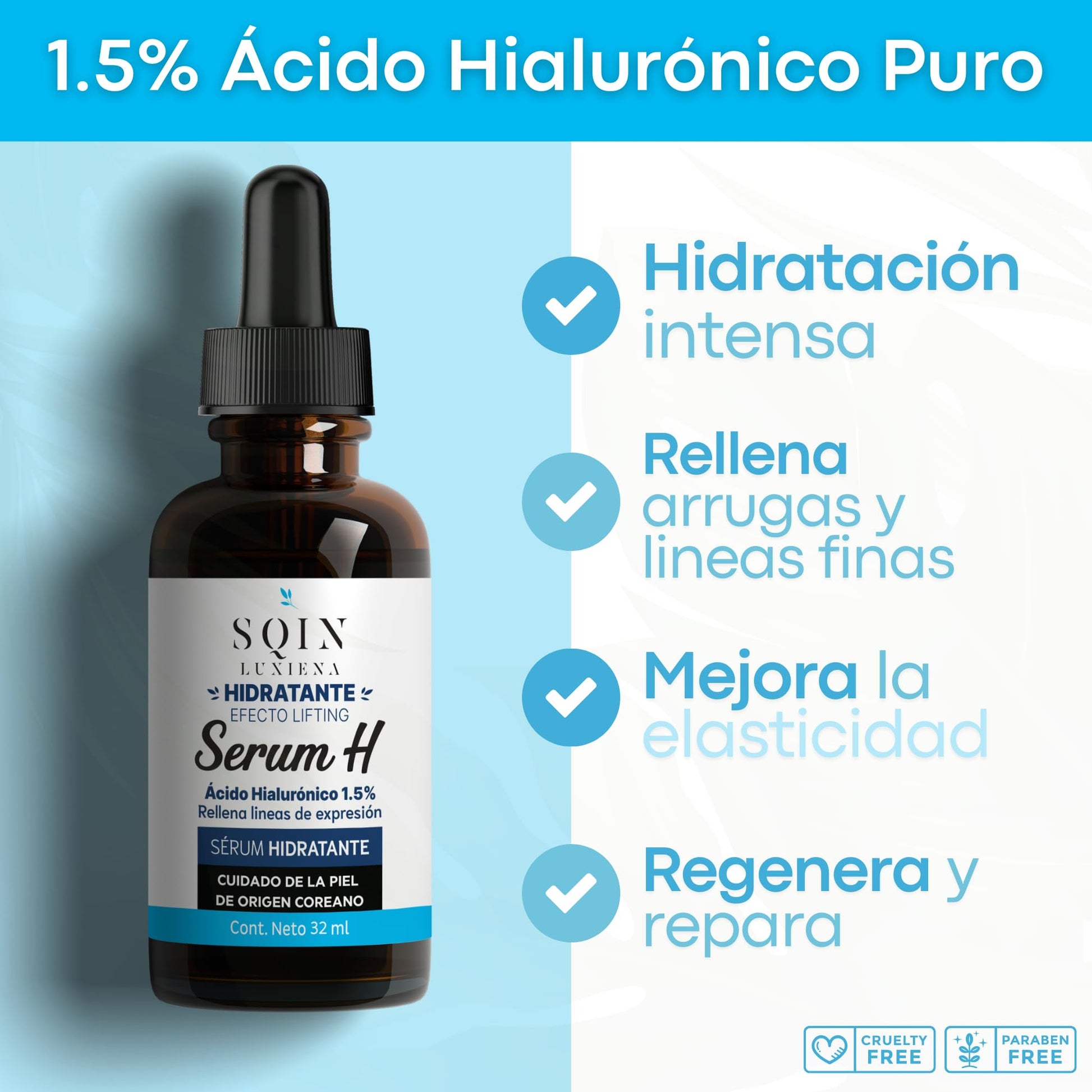 Sqin Luxiena Korean Serum Acido Hialuronico 1.5%, Vitamina E y Niacinamida. Hidratante Facial Desvanece Arrugas y Lineas de Expresion. Suero Facial Ácido Hialurónico, Skin care Coreano 100% Vegano 32 ml.