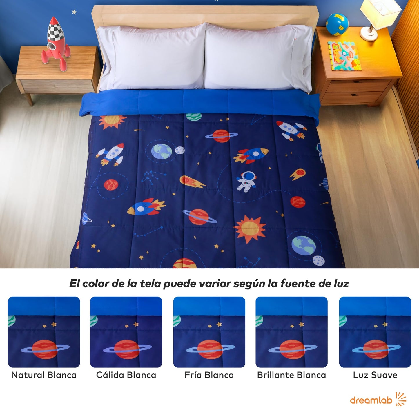 Dreamlab Edredón Ligero Infantil Reversible Hipoalergénico. Colcha Rellena de Microfibra Suave. Diseño para niño, niña o bebé. 1 Pieza. Espacio, Astronauta, Azul (Individual/Matrimonial 195 x 223cm)