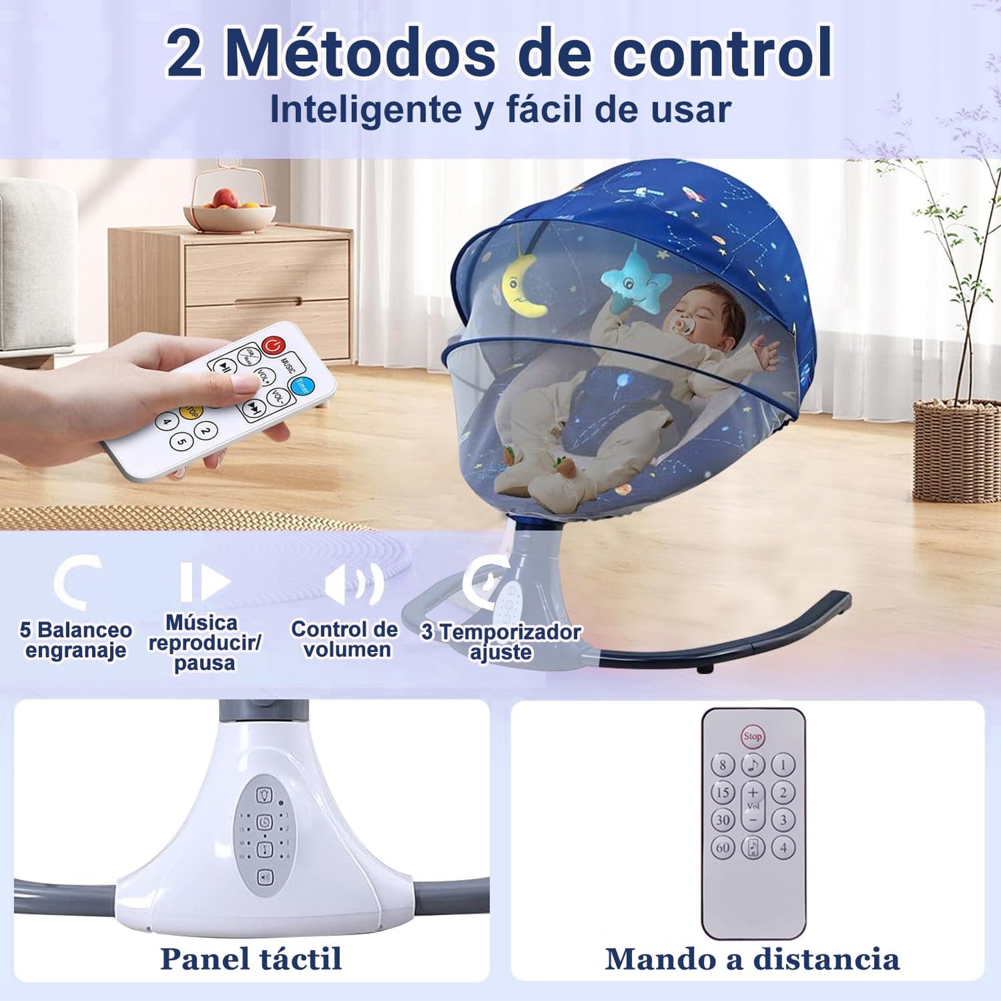 Mecedora Eléctrica PERFECTOP Azul Estrellado con Bluetooth y Mando a Distancia para Bebé