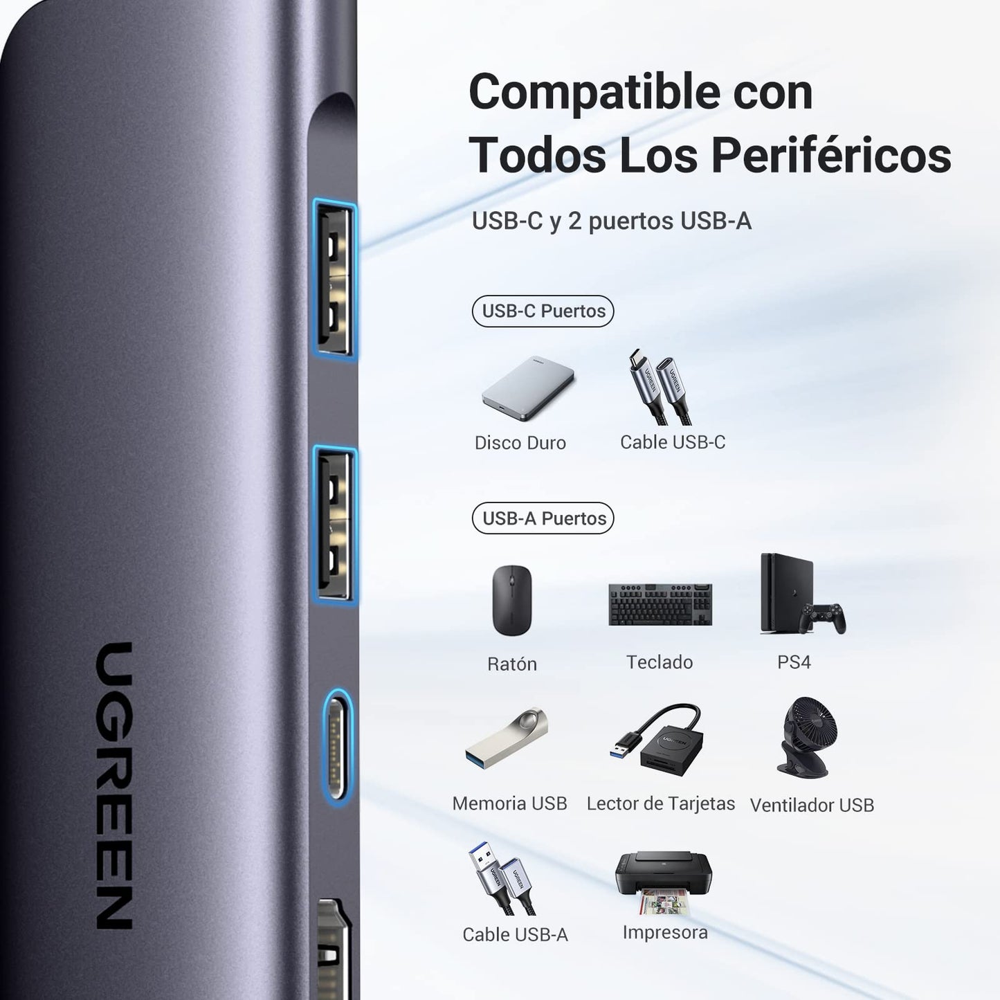 Adaptador USB C UGREEN Plateado 7 en 1 con HDMI 4K y Lector de Tarjetas para Macbook y más