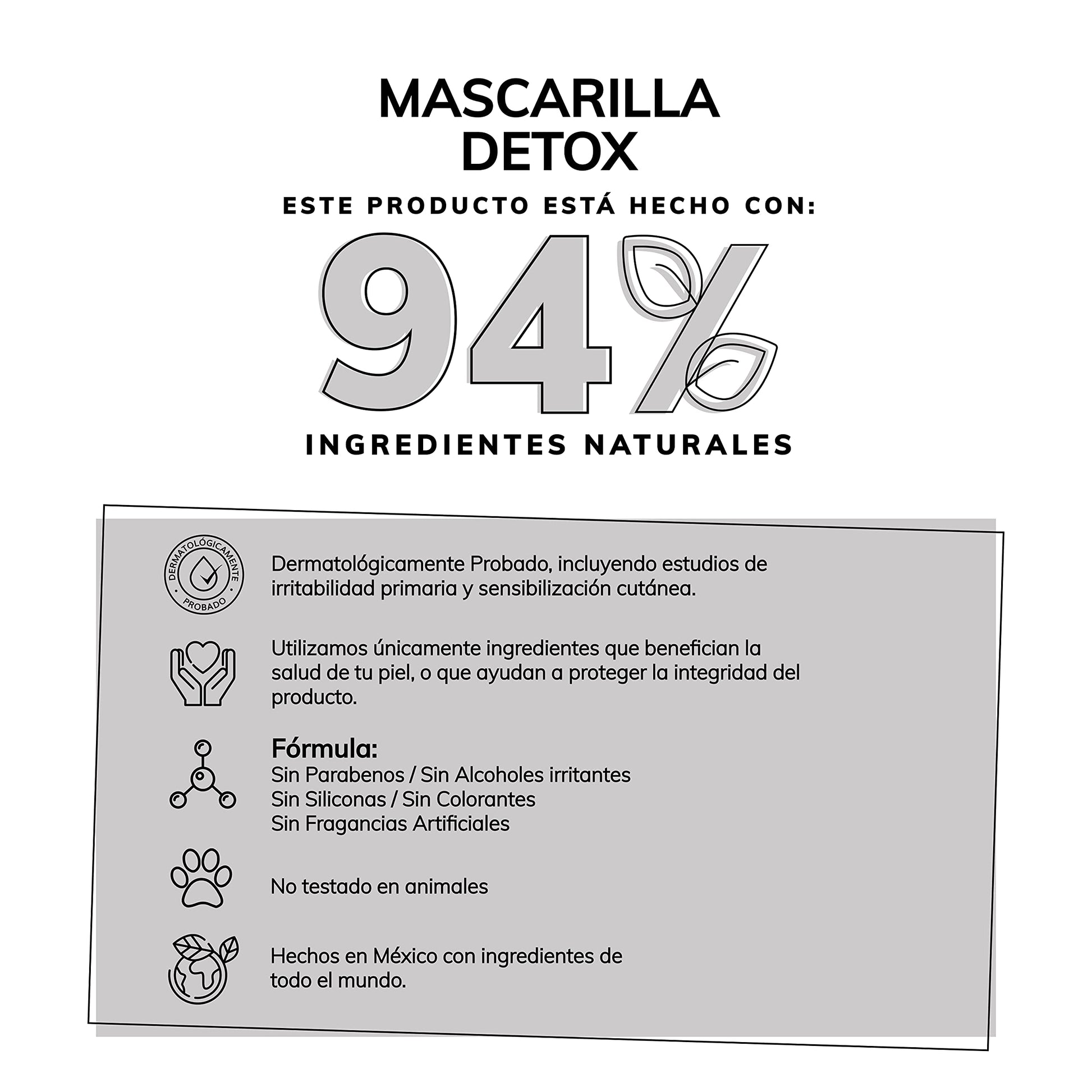 Mascarilla Facial Detox de Carbón Activado - Limpieza Profunda - Absorbe Grasas - Purifica - Disminuye Puntos Negros y Poros - Limpia Impurezas- Arcillas Puras (Kaolin y Bentonita)+ Cera de Arroz+ Extractos Naturales- 94% Ingredientes Naturales- Piel Norm