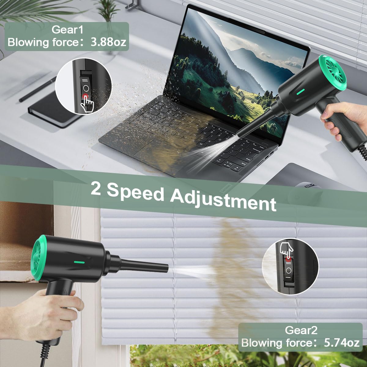 Meudeen Air Duster - Soplador de aire eléctrico - Limpieza de alta potencia de 6.5 oz para computadora - PC - Aire comprimido de 2 engranajes