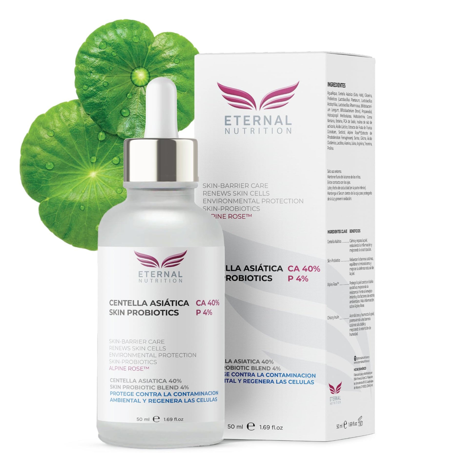 Serum CENTELLA ASIATICA 40%, Skin Probiotics 4%. 50 ml. Suero Protector y Regenerador de Células | Ingredientes Naturales | Skin Care | Piel Sana y Joven Uniforme | Textura Ligera | Para Todo Tipo de Piel by ETERNAL NUTRITION