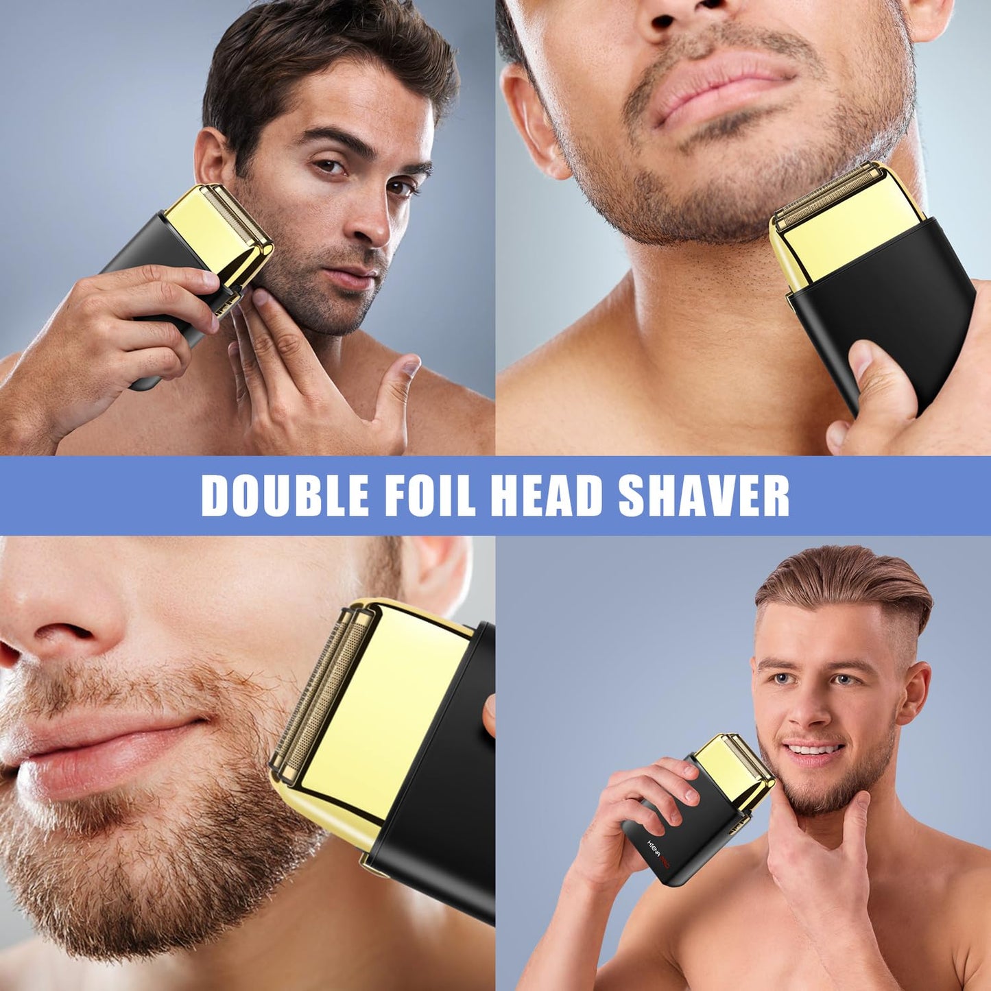 HIENA PRO Afeitadora de Lámina para Hombre Barbero, Doble Cortadora Eléctrica de Lámina, Maquinilla de Afeitar Eléctrica Profesional, Afeitadora Cerrada, Recargable Inalámbrica Con Usb, Oro Negro