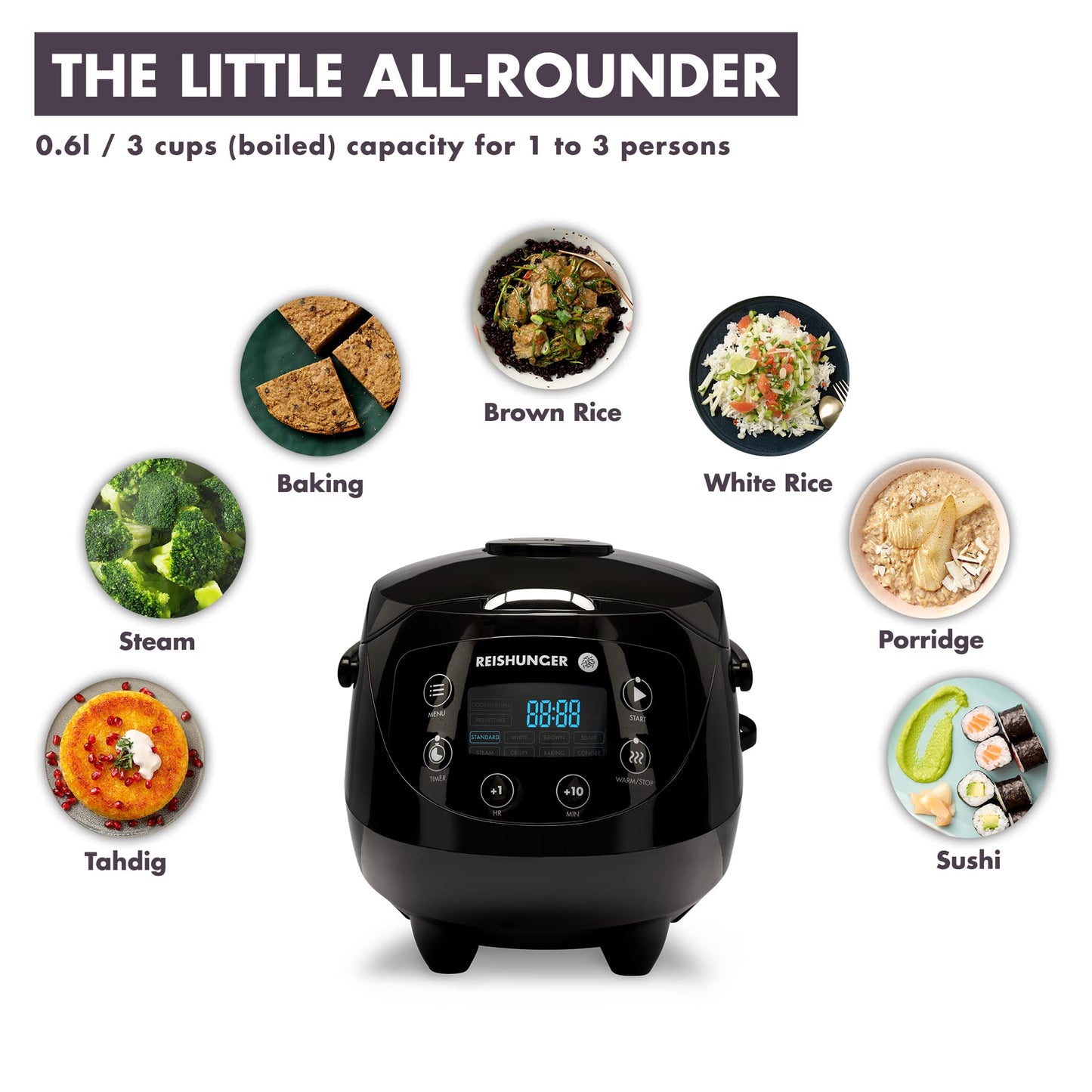 Olla de Arroz Mini Reishunger blanca con Temporizador y Función Calor 8 Programas Olla Interior Premium