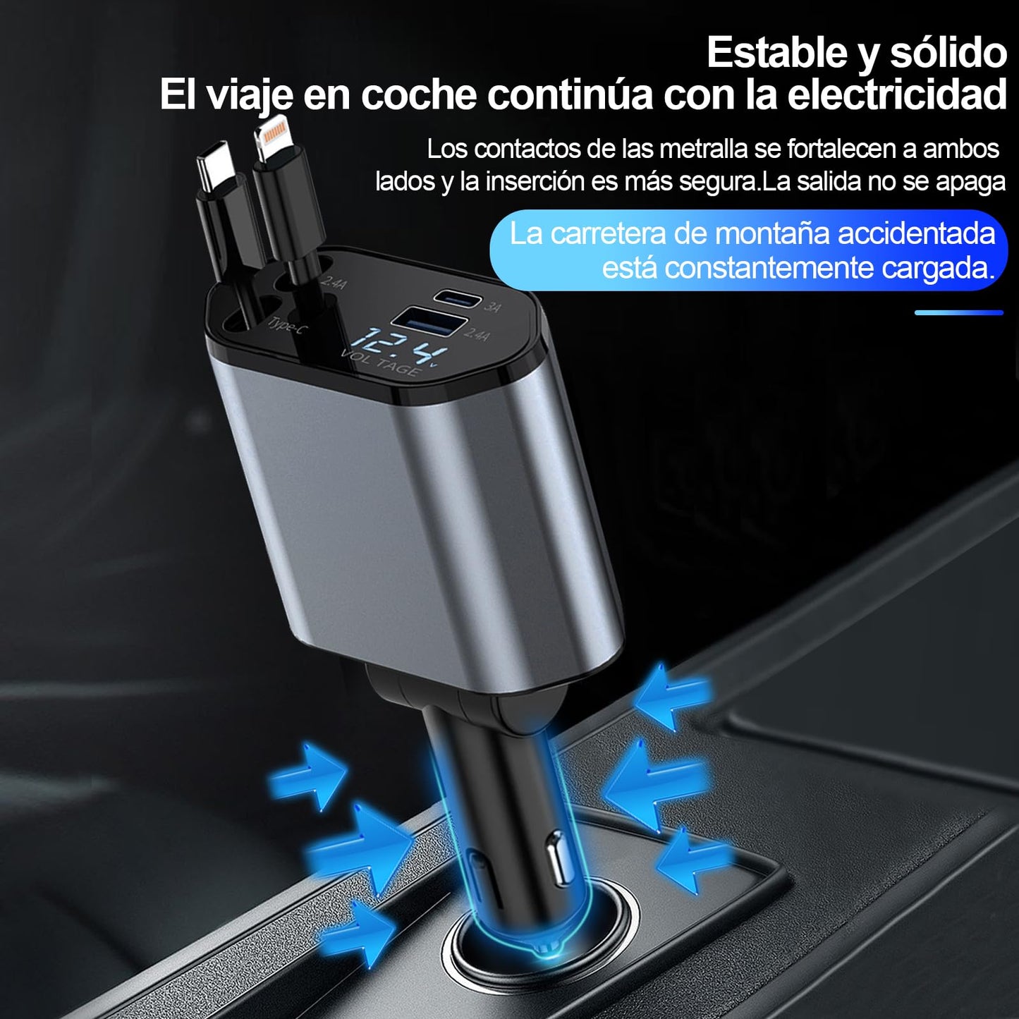 HKEDHD 120W Retráctil Cargador de Coche 4 en 1 Adaptador de Cargador de Coche con Cable Retráctil y Pantalla de Voltaje para Vehículos de 12/24 V, Compatible con Android, iPhone, Samsung,Huawei,Google