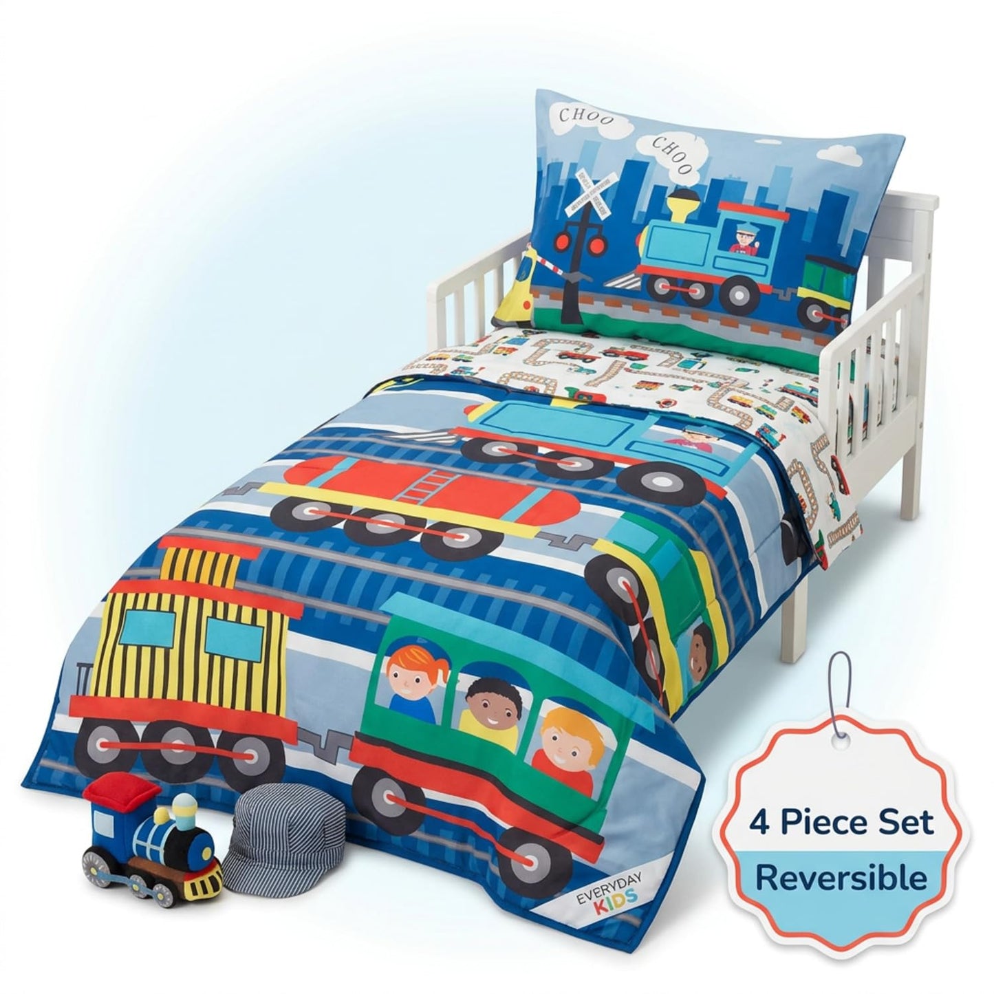 EVERYDAY KIDS Juego de cama infantil de 4 piezas -Trencito Choo Choo- Incluye edredón, sábana encimera, sábana bajera ajustable y funda de almohada reversible