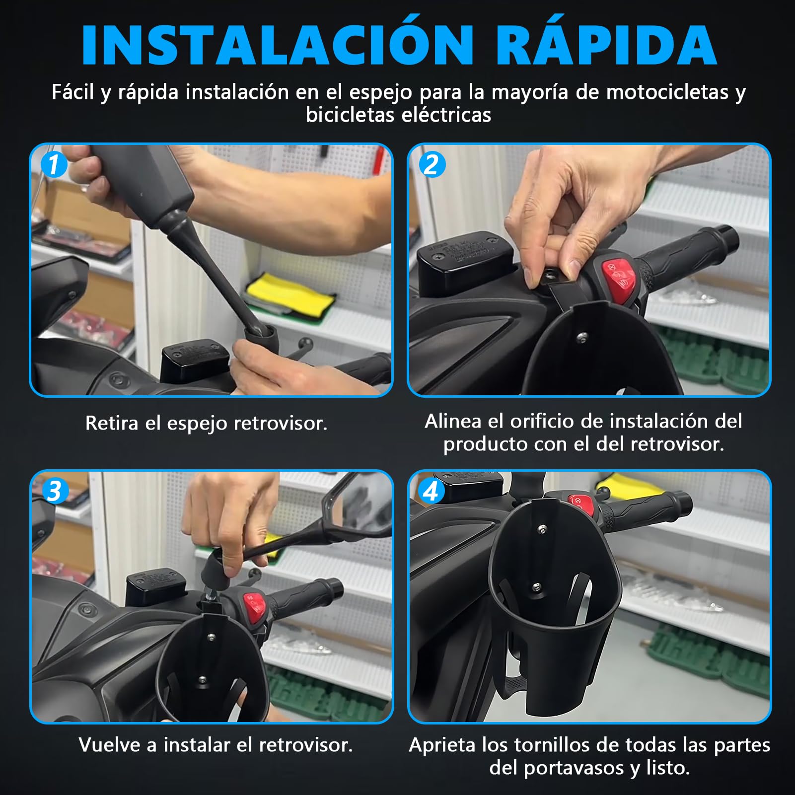 Porta Vasos Universal WODHMIEY Negro con Montaje en Espejo Retrovisor y Rotación 360 Grados para Moto