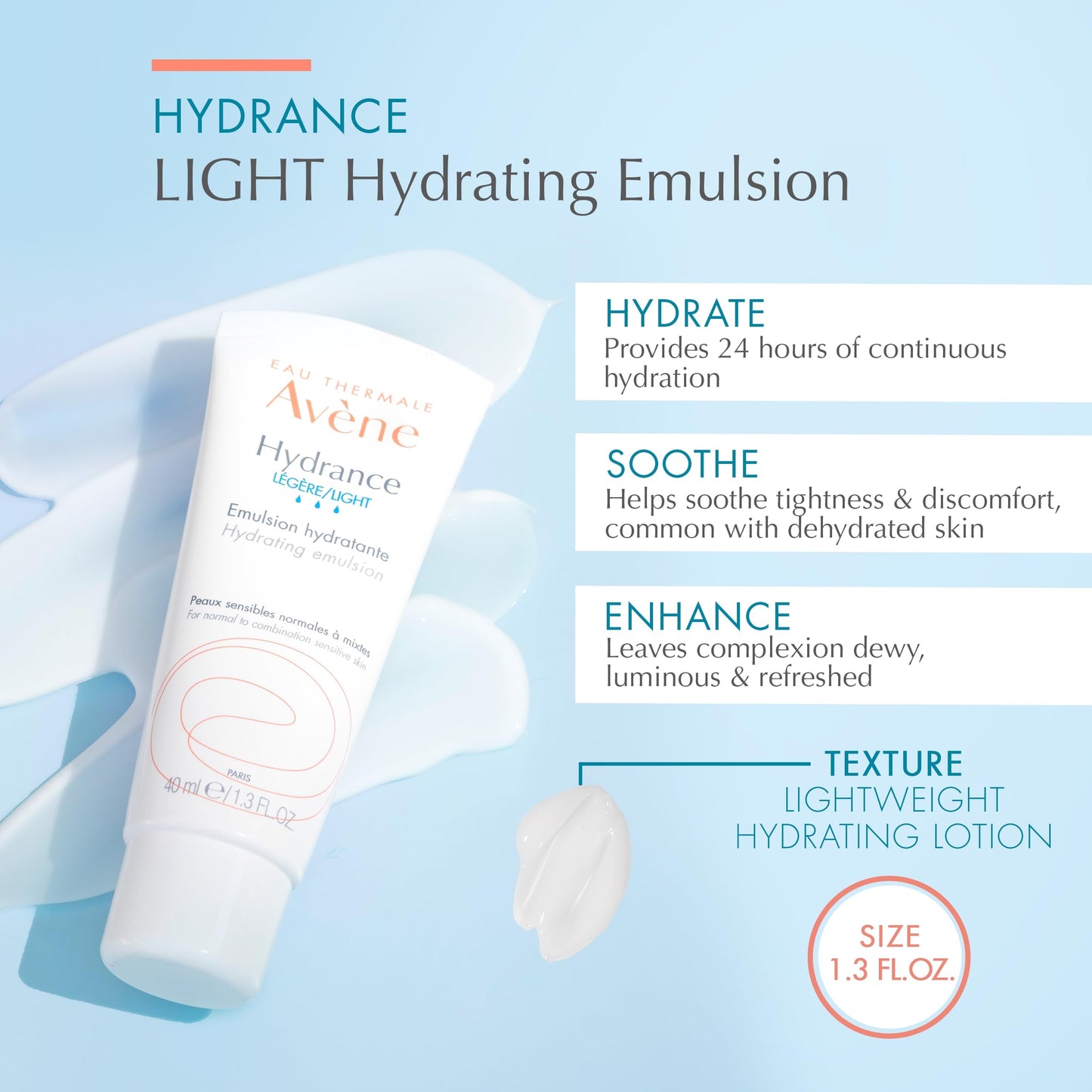Eau Thermale Avene Hydrance LIGHT Hydrating Emulsion, Daily Face Moisturizer Cream, Non-Comedogenic, 1.3 oz.