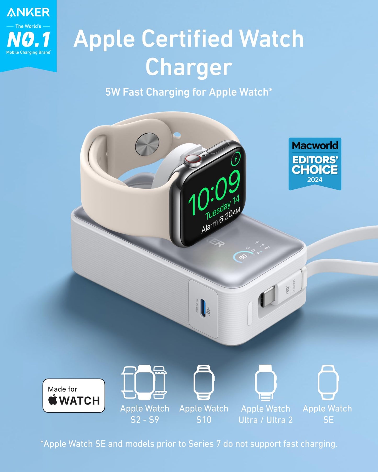 Power Bank Anker MagGo 10,000 mAh USB-C Integrado Máx 35W para Apple Watch y iPhone 15