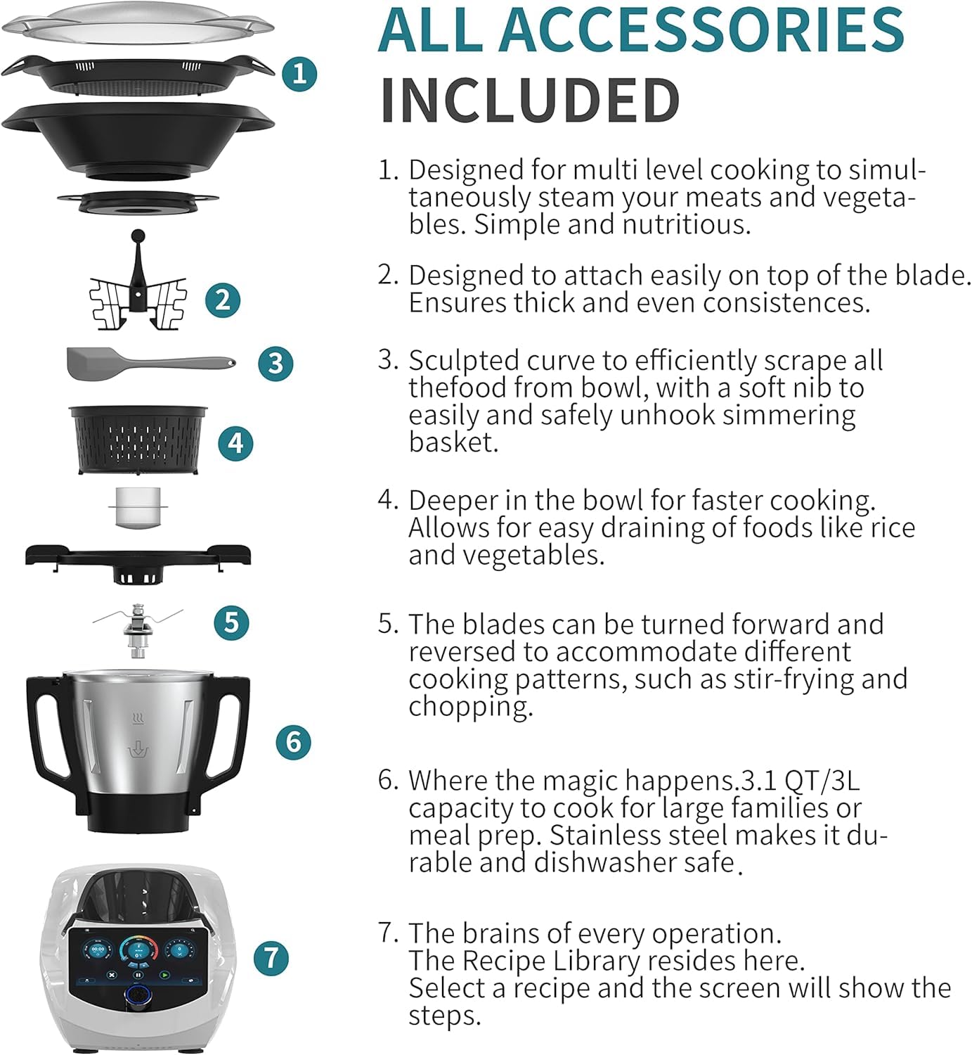 ChefRobot Smart Procesador de alimentos UltraCook Máquina de cocción automática todo en uno, capacidad de 3.5L, más de 600 recetas en línea, escala integrada, visualización TFT de 7 pulgadas,